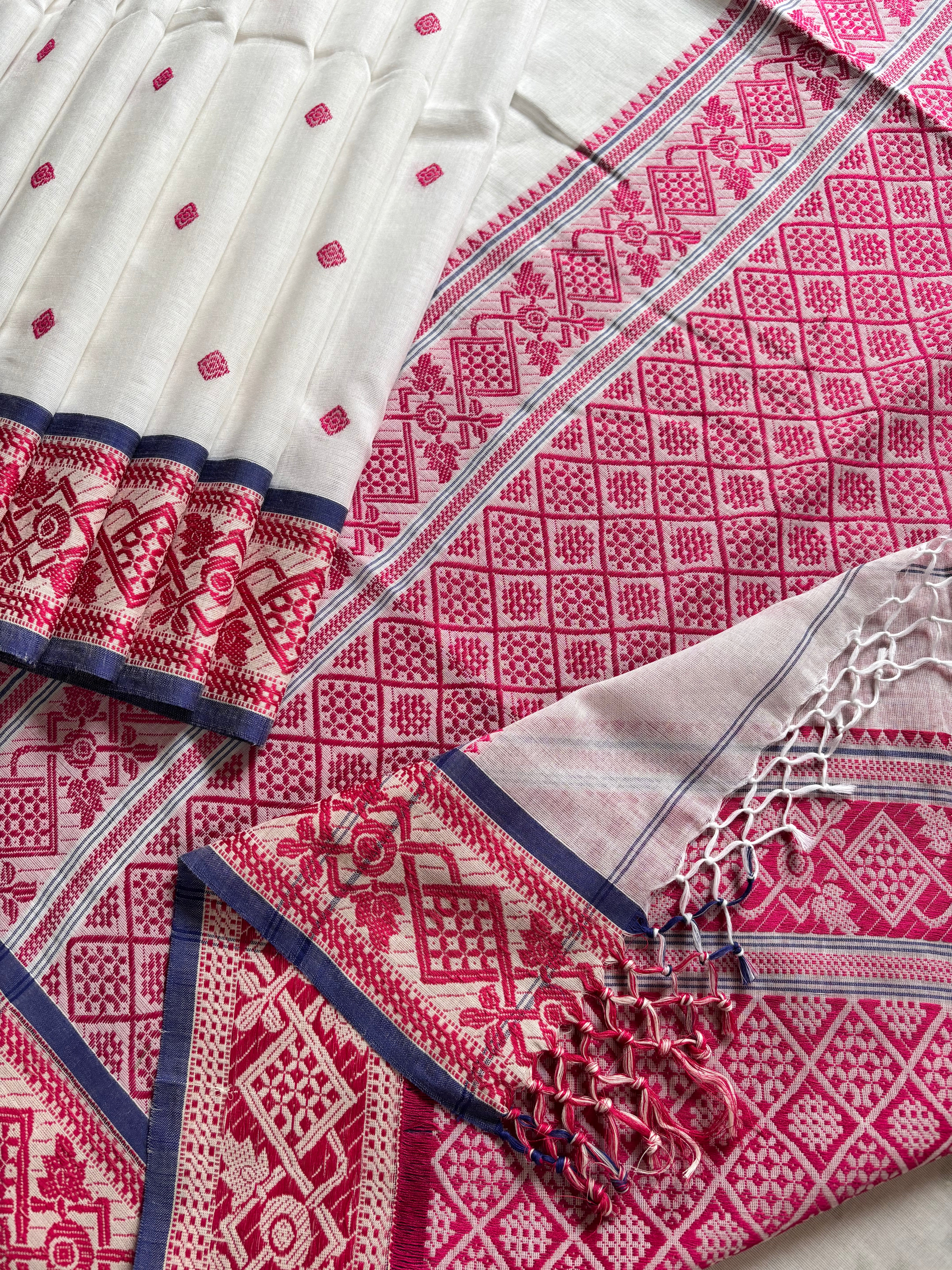 Handwoven White Pink Phulia Cotton Saree