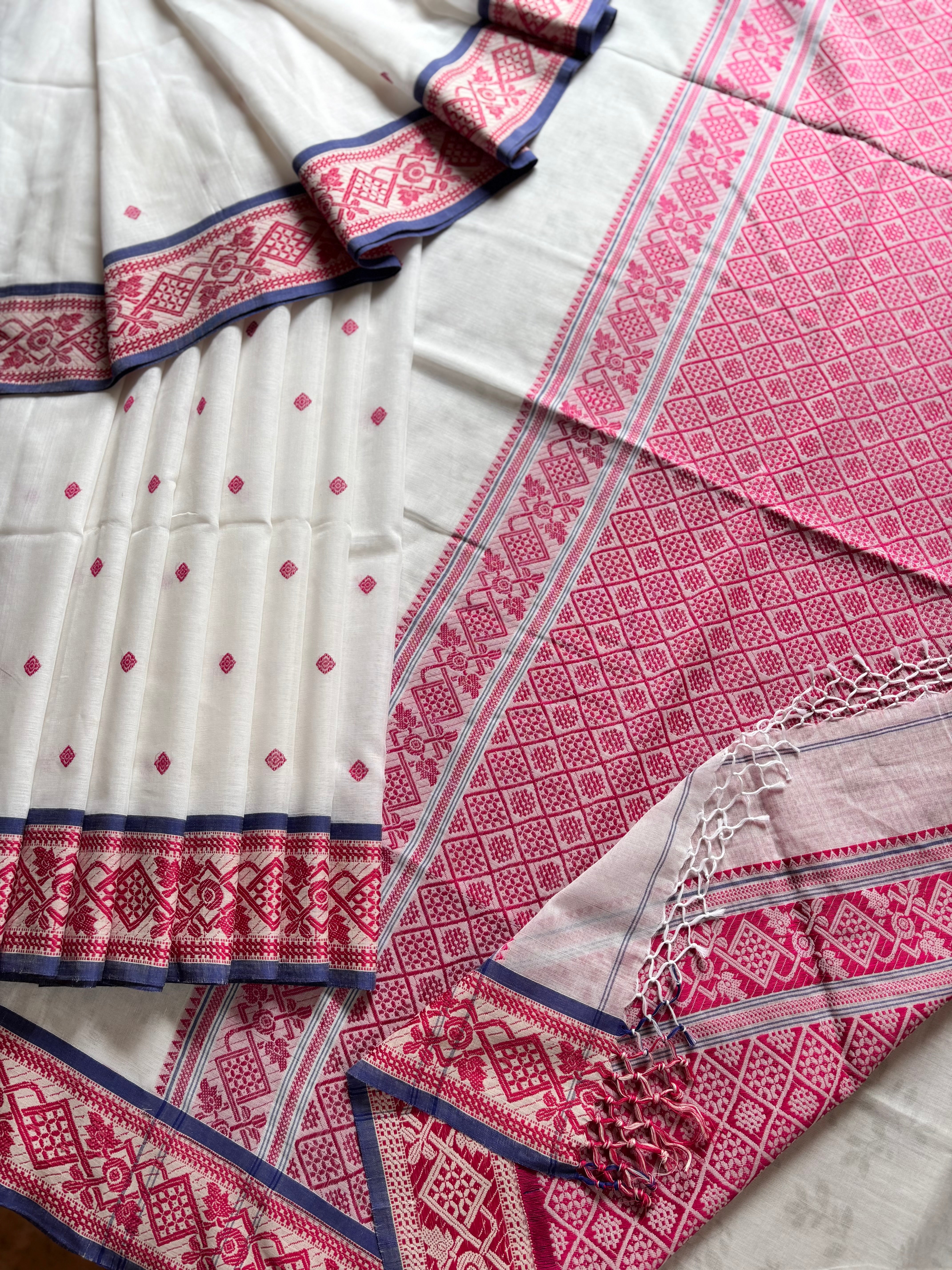 Handwoven White Pink Phulia Cotton Saree