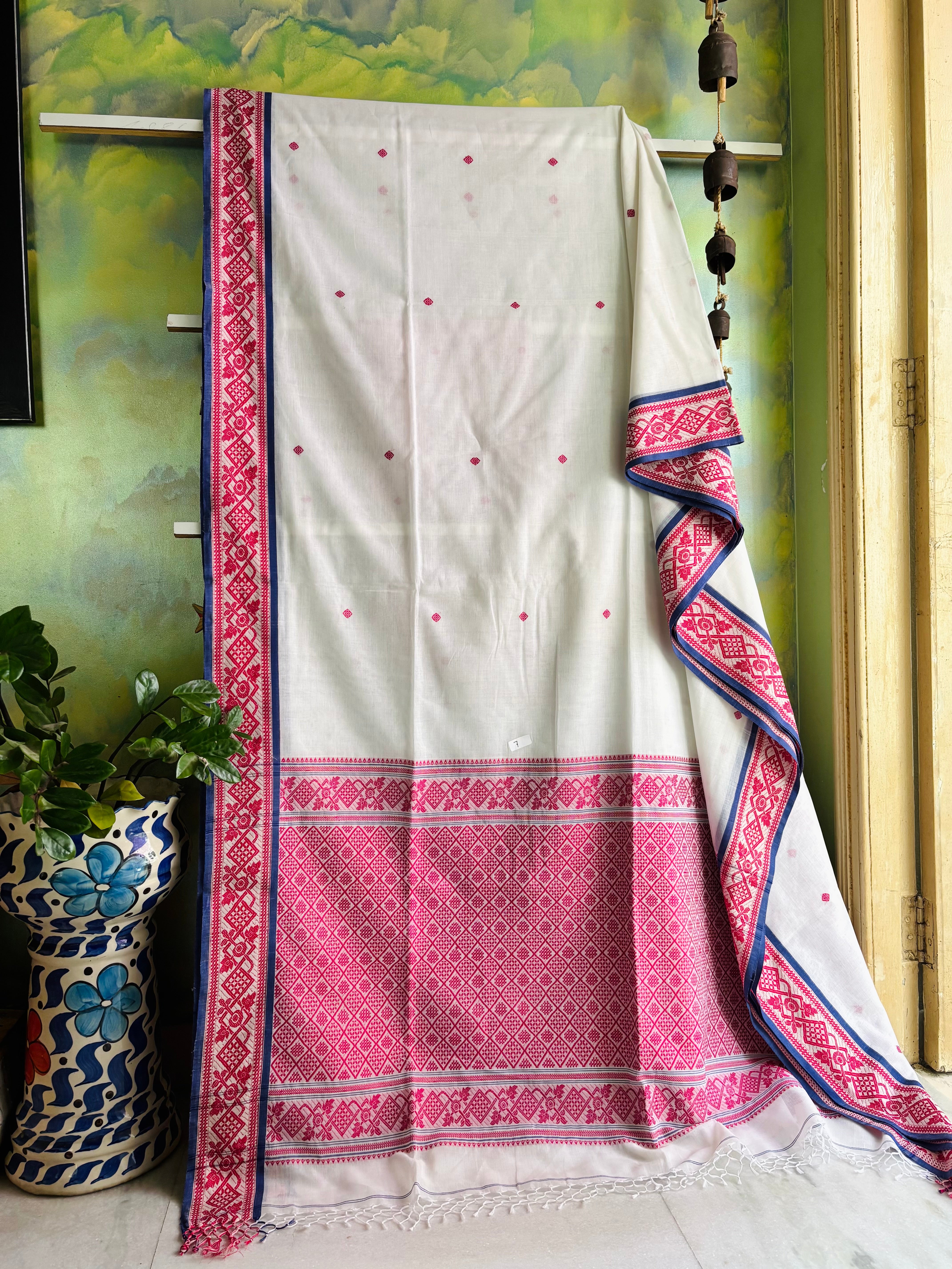 Handwoven White Pink Phulia Cotton Saree