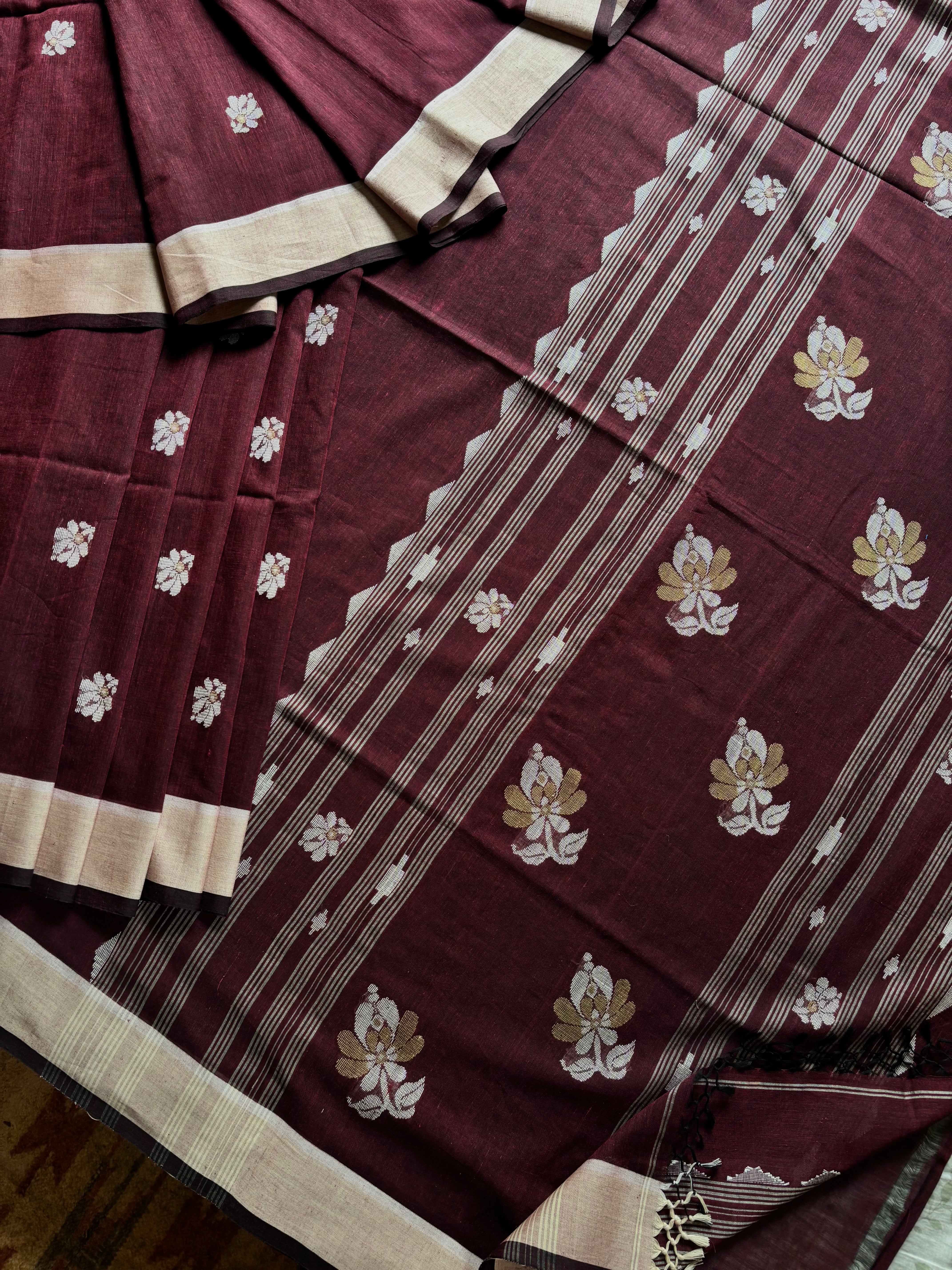 Handwoven Plum Colour Cotton Jamdani Saree