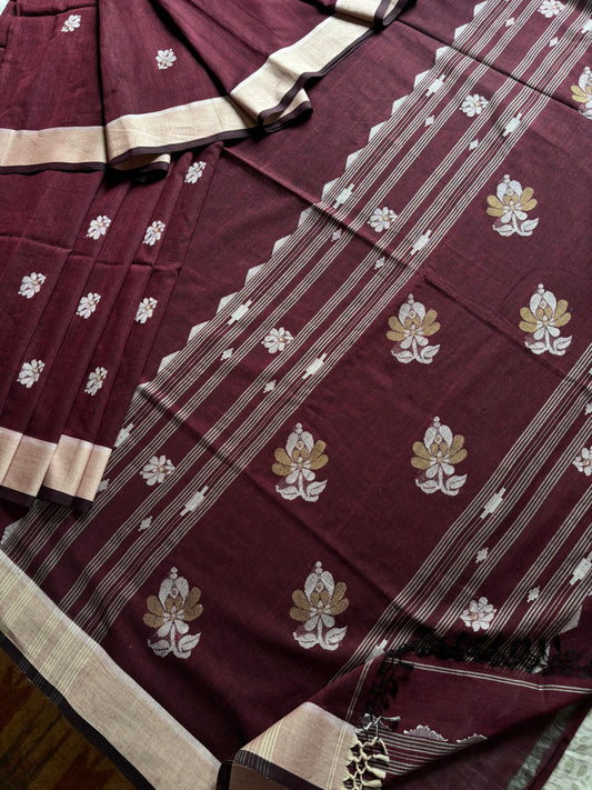 Handwoven Plum Colour Cotton Jamdani Saree