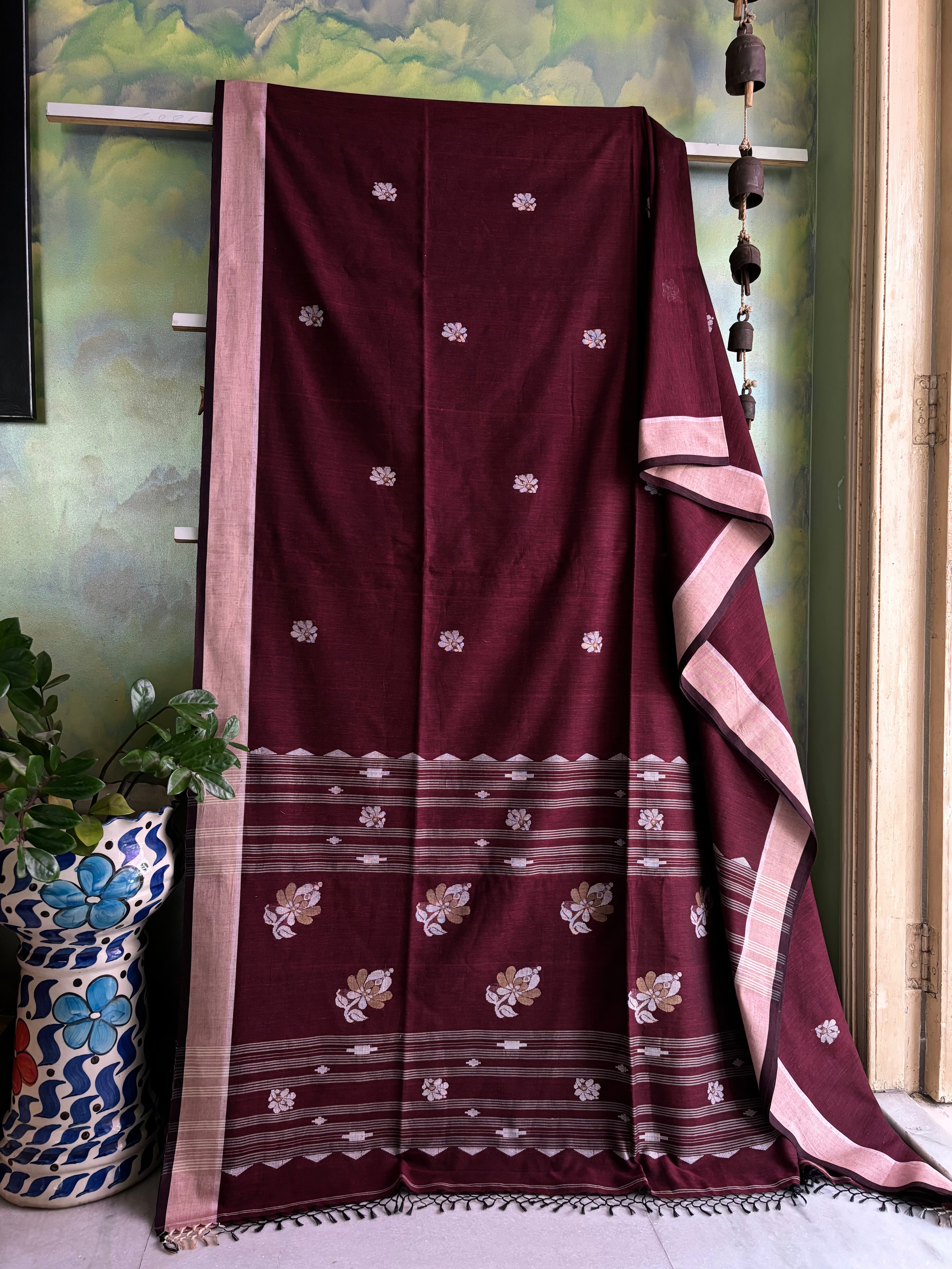 Handwoven Plum Colour Cotton Jamdani Saree