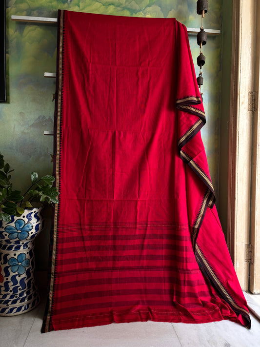 Handwoven Red Colour Cotton Dhonekhali Saree