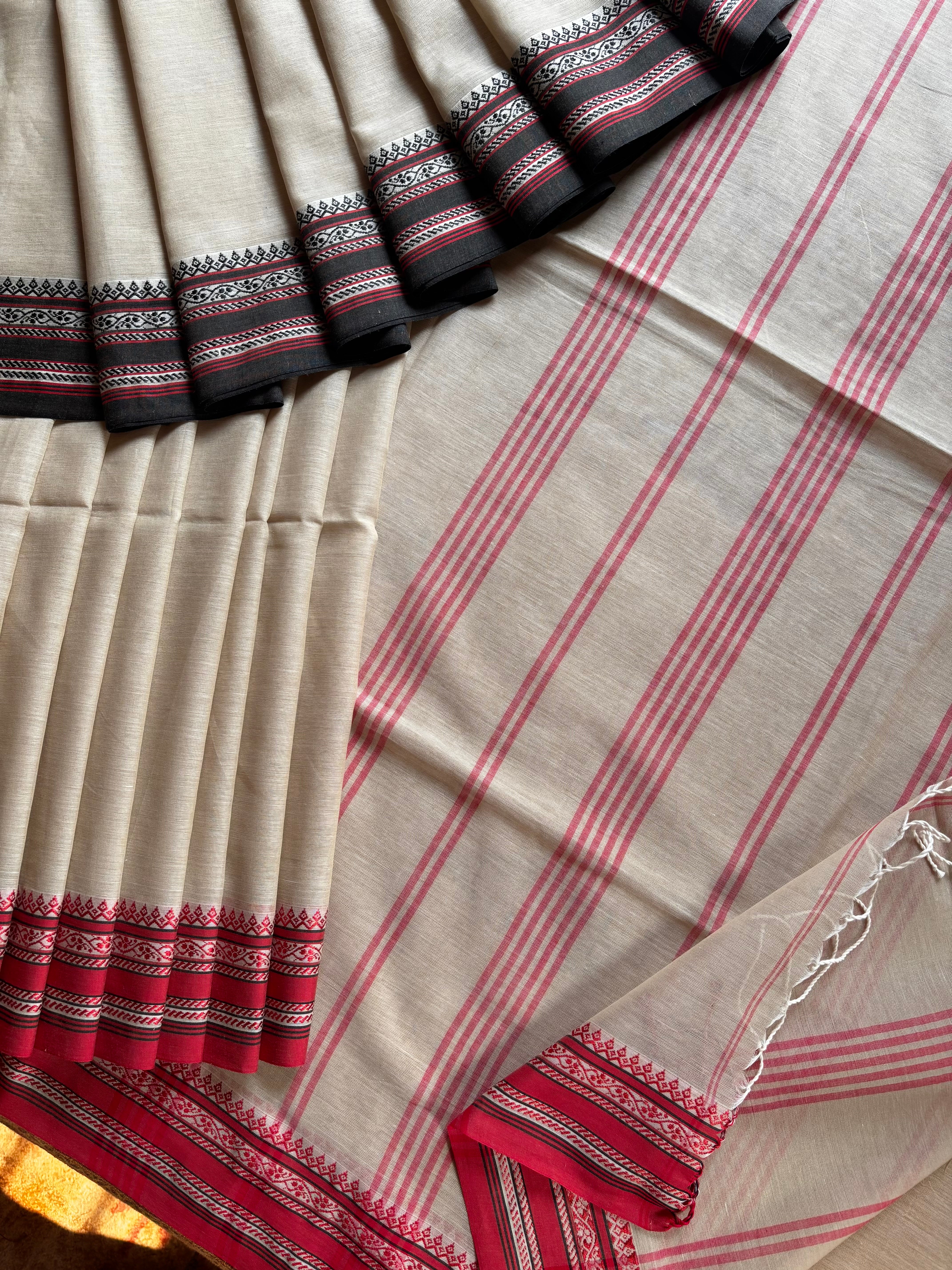 Handwoven Beige Red Black Phulia Cotton Saree