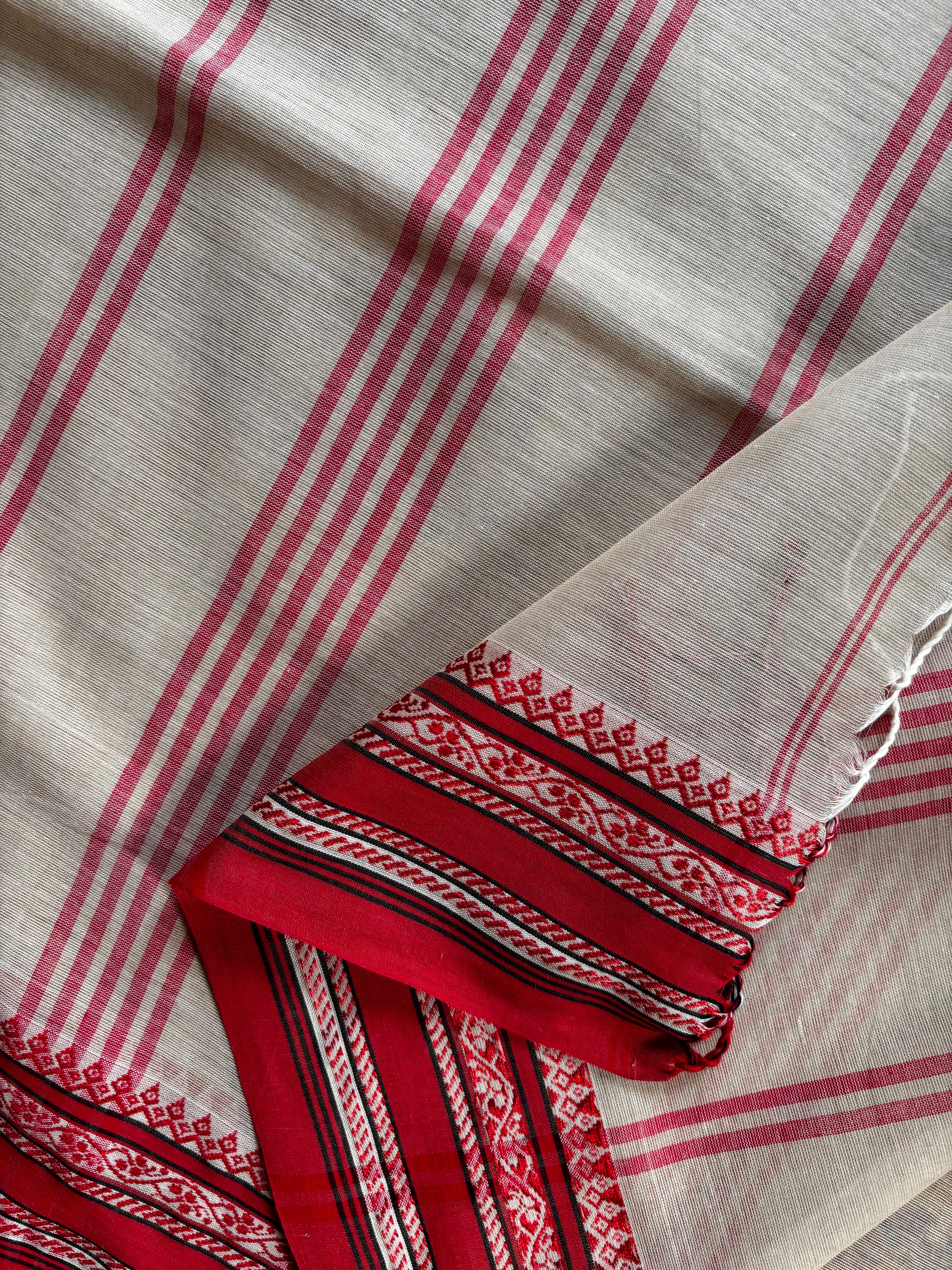 Handwoven Beige Red Black Phulia Cotton Saree