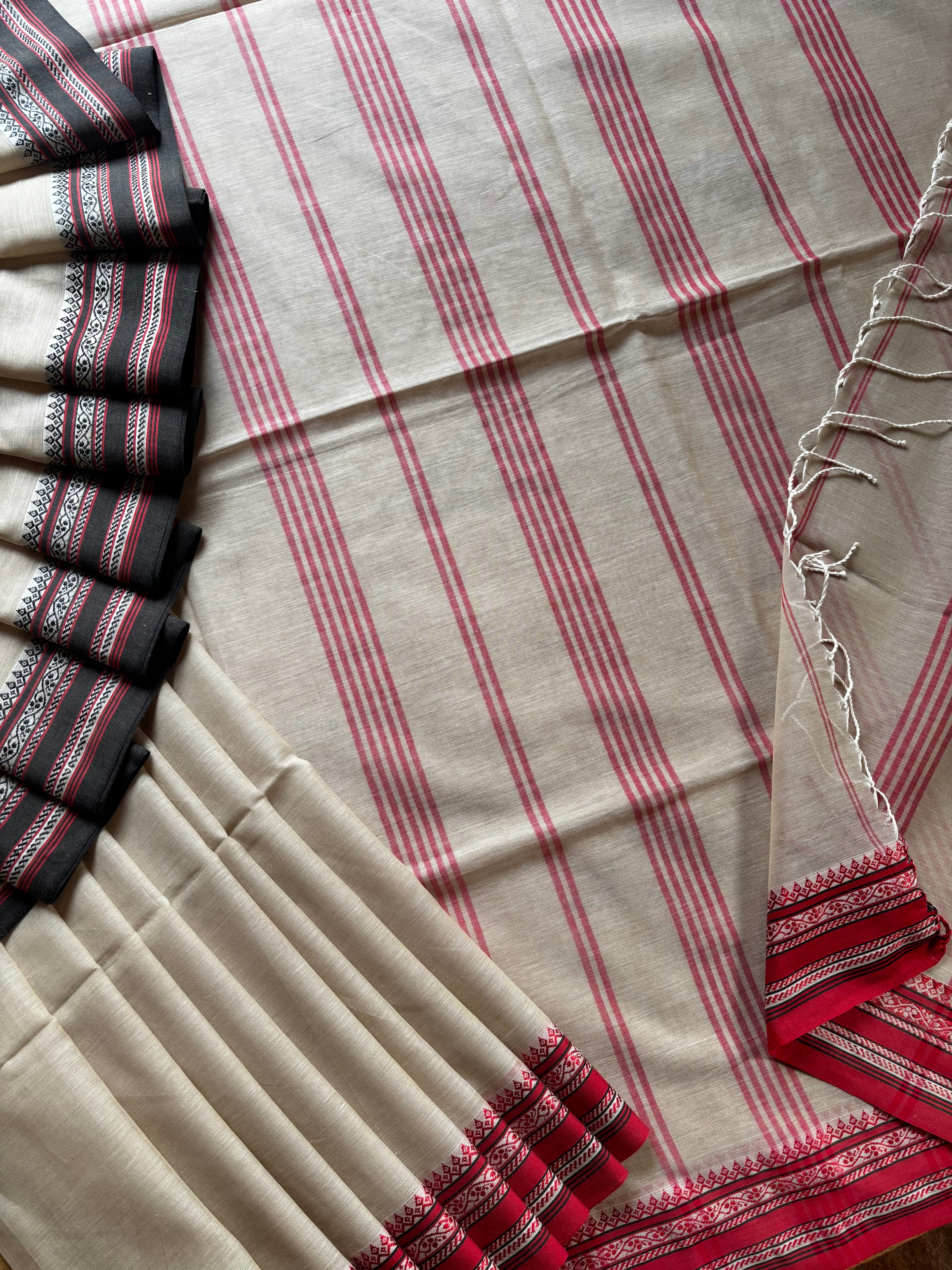 Handwoven Beige Red Black Phulia Cotton Saree