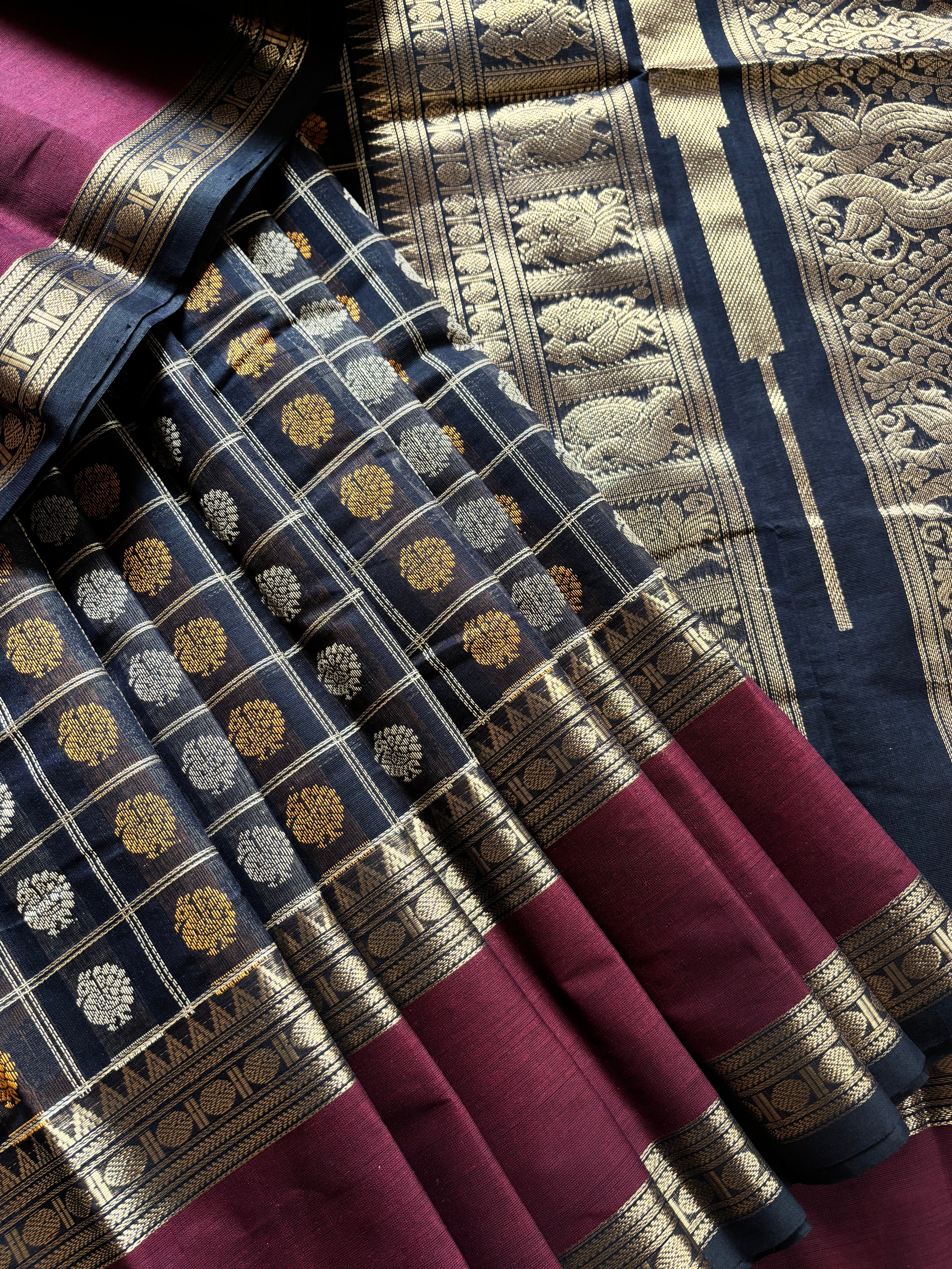 Handwoven Rich Black Colour Kanchipuram Cotton Saree
