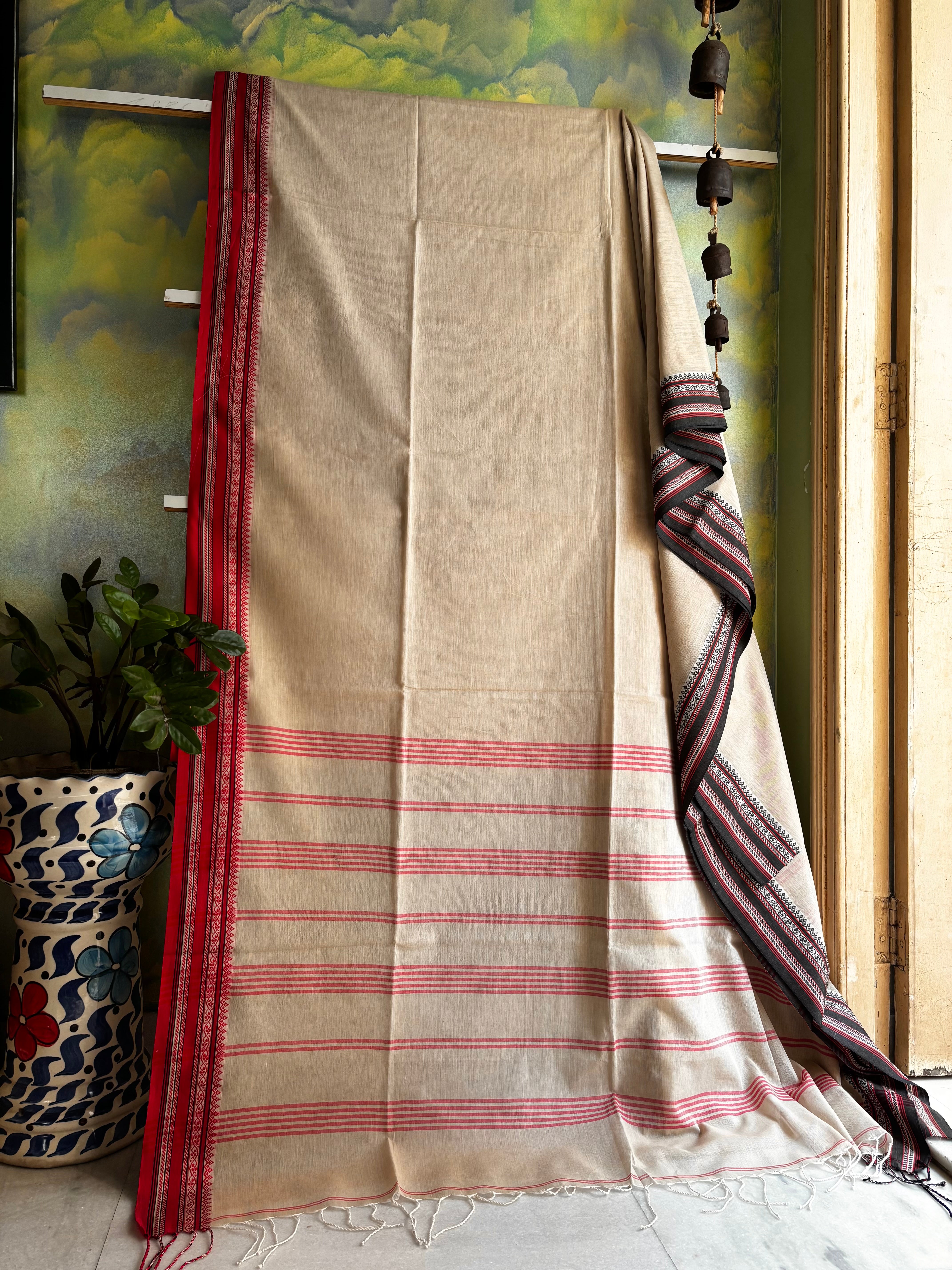 Handwoven Beige Red Black Phulia Cotton Saree