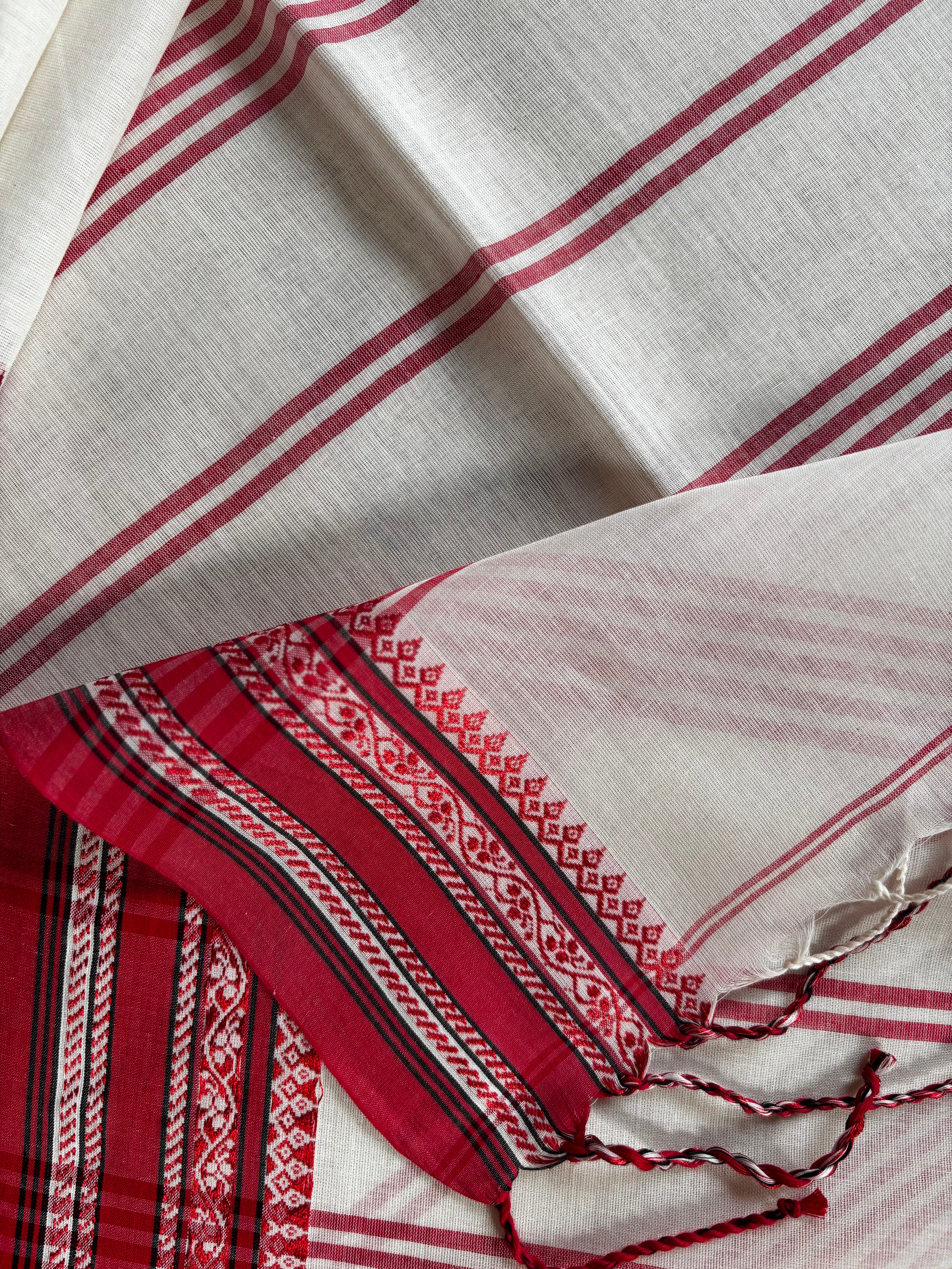 Handwoven White Red Black Phulia Cotton Saree