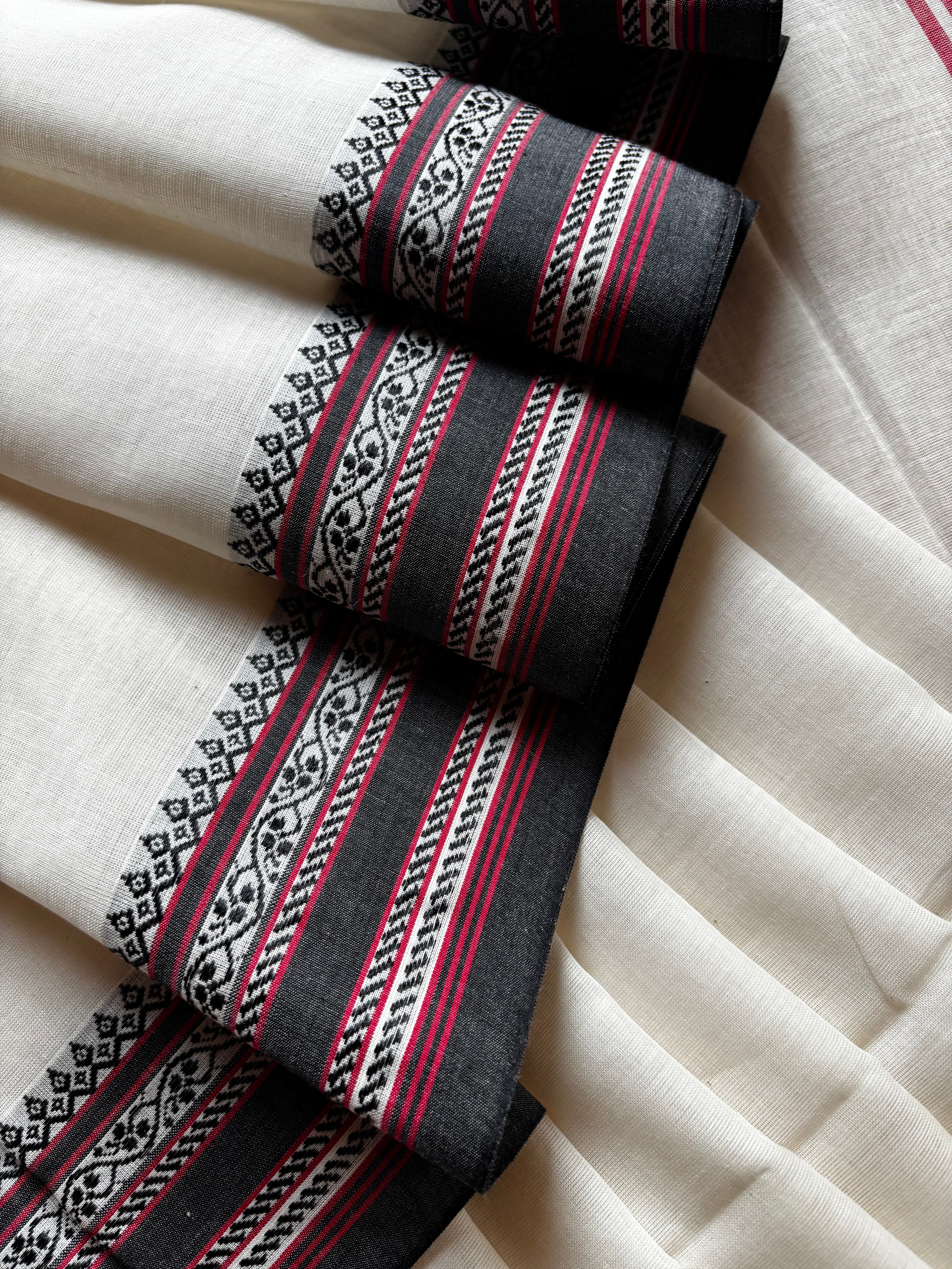 Handwoven White Red Black Phulia Cotton Saree