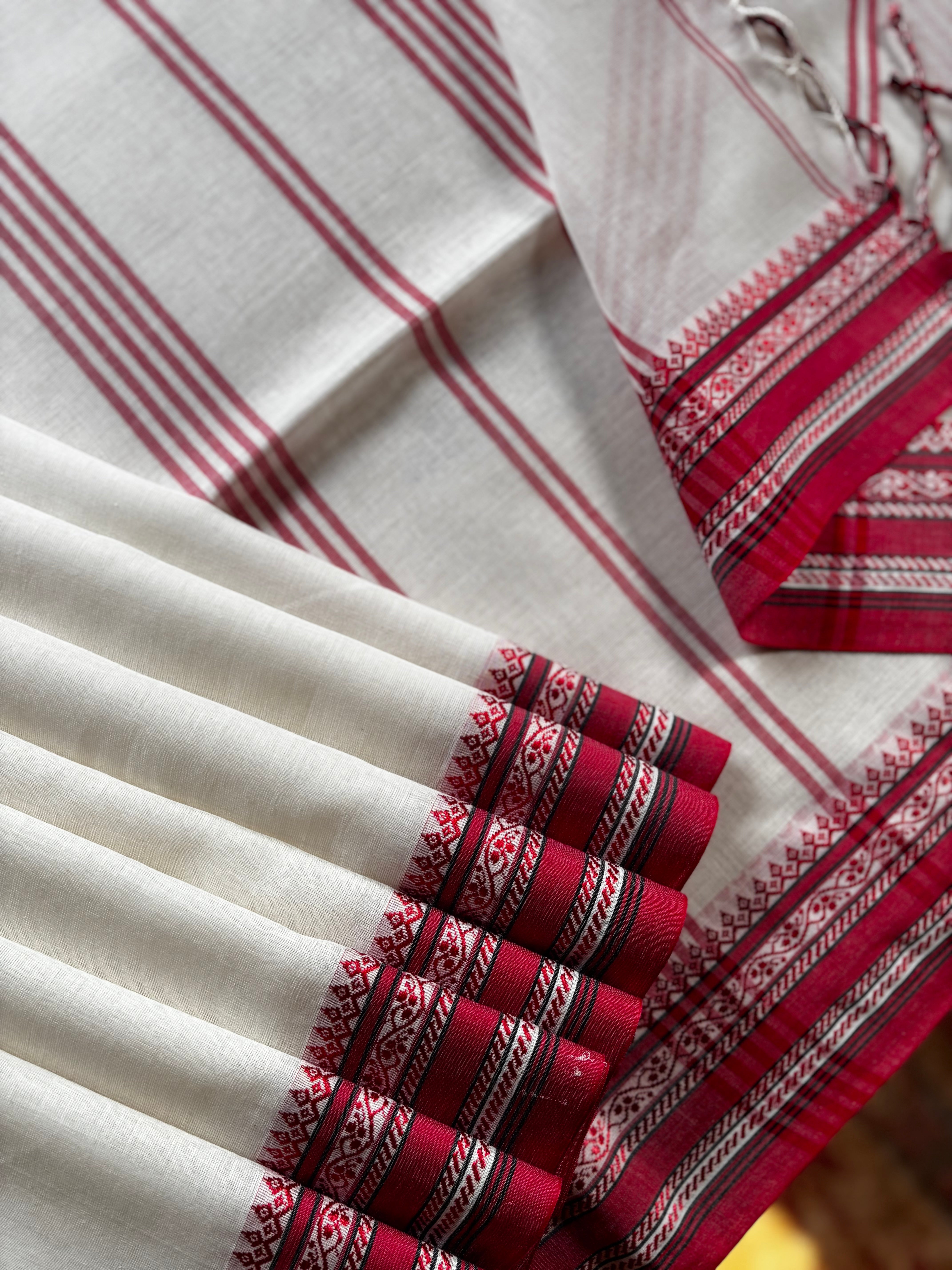 Handwoven White Red Black Phulia Cotton Saree