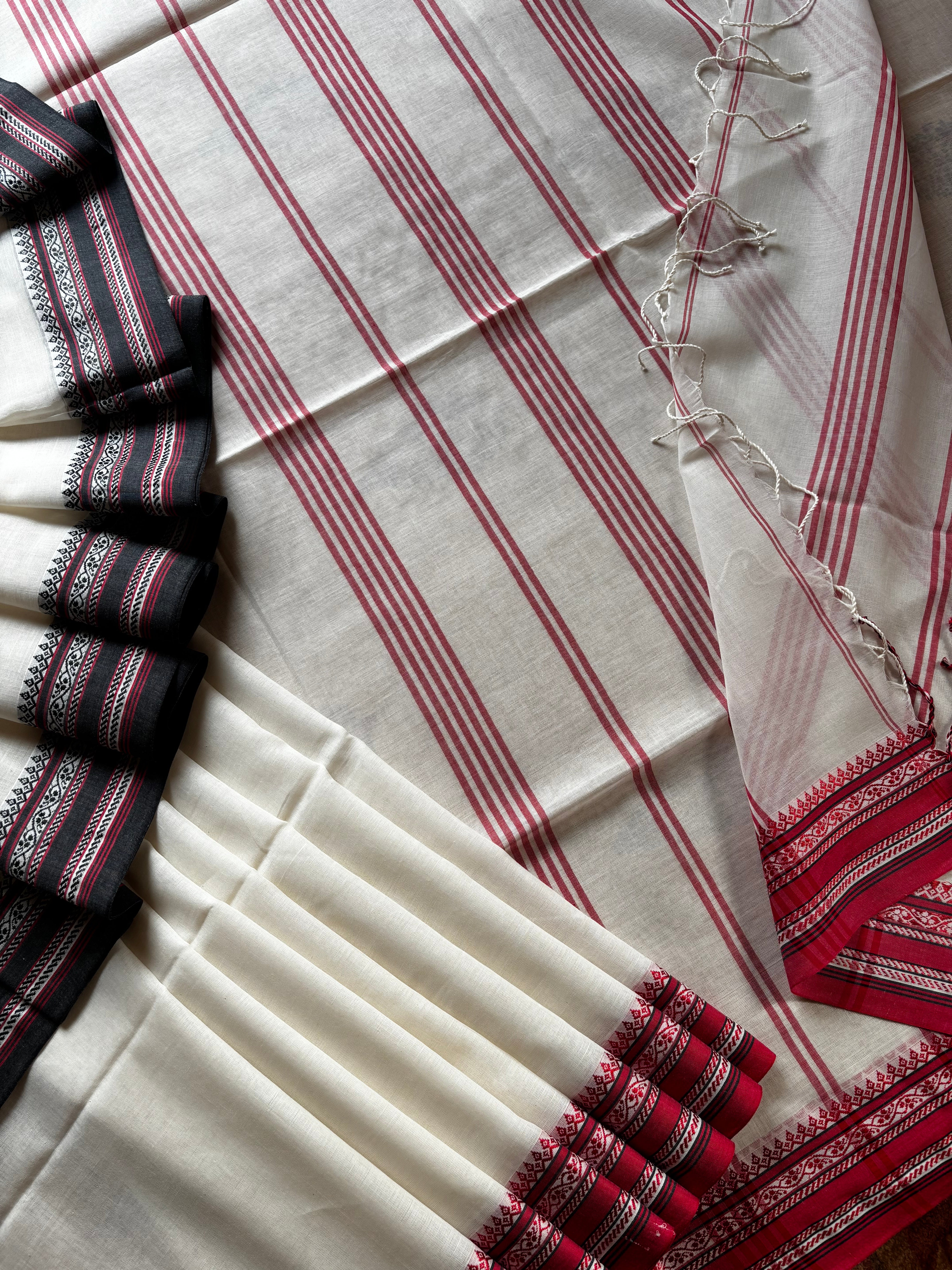 Handwoven White Red Black Phulia Cotton Saree
