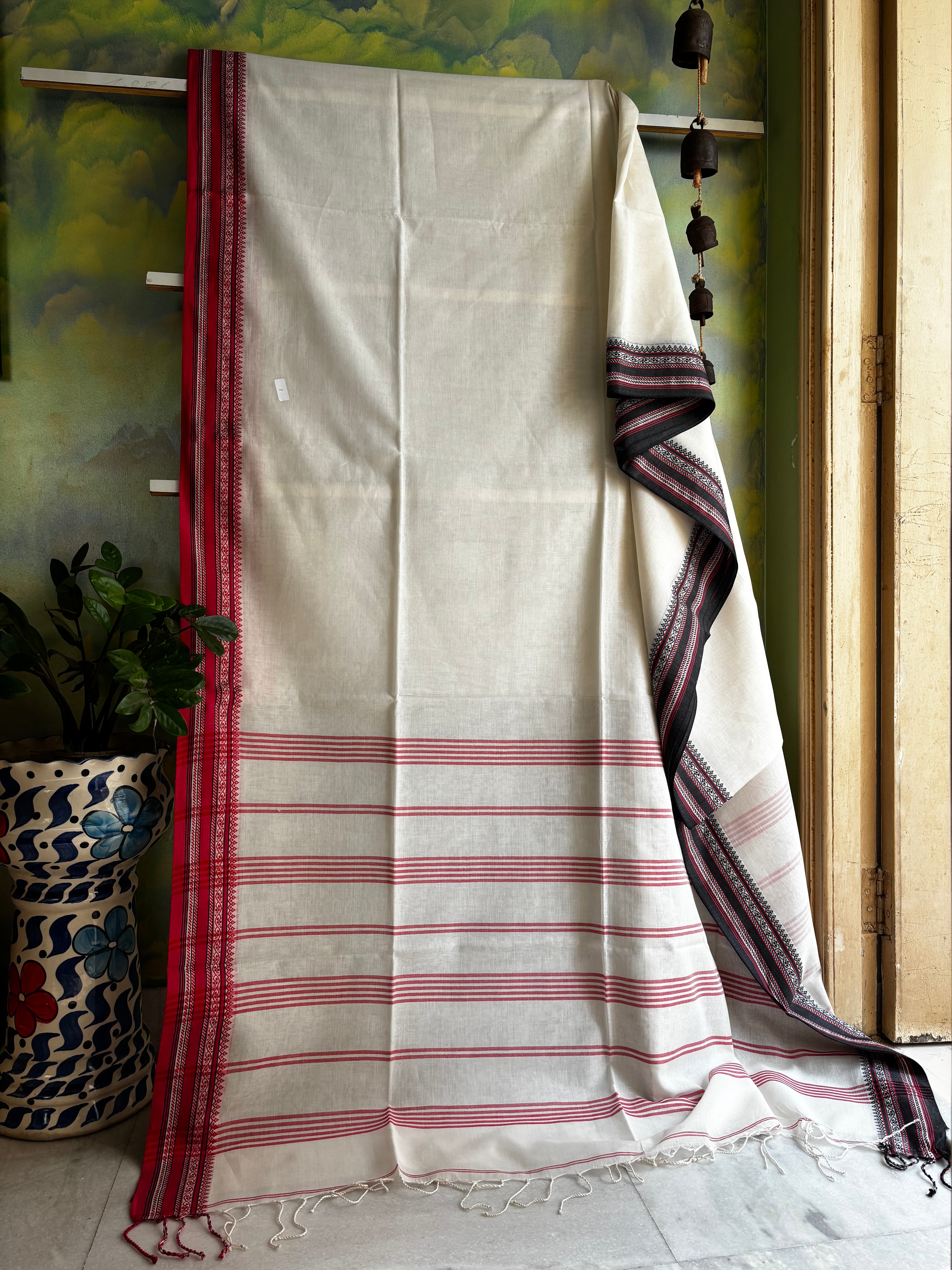 Handwoven White Red Black Phulia Cotton Saree