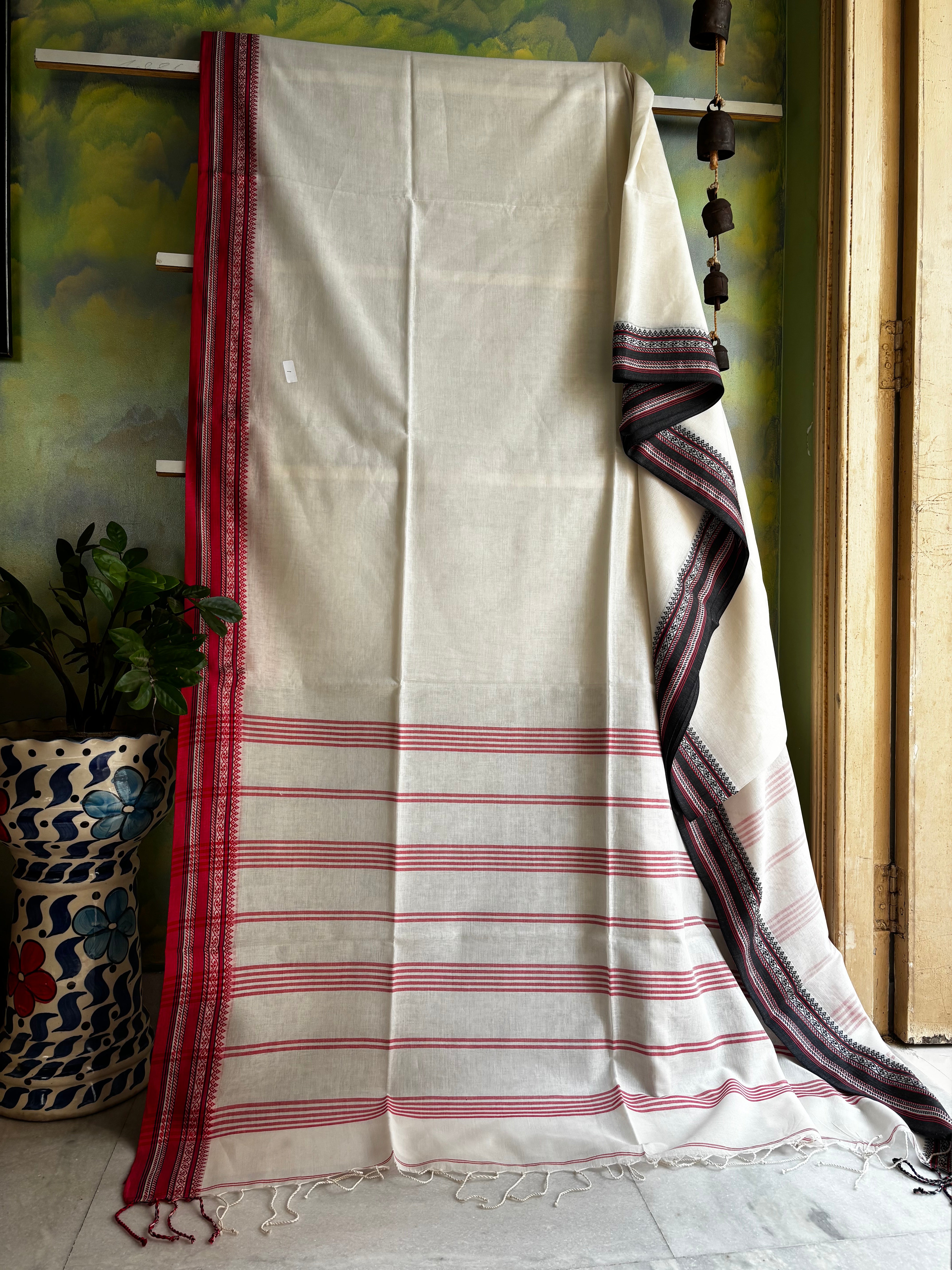 Handwoven White Red Black Phulia Cotton Saree