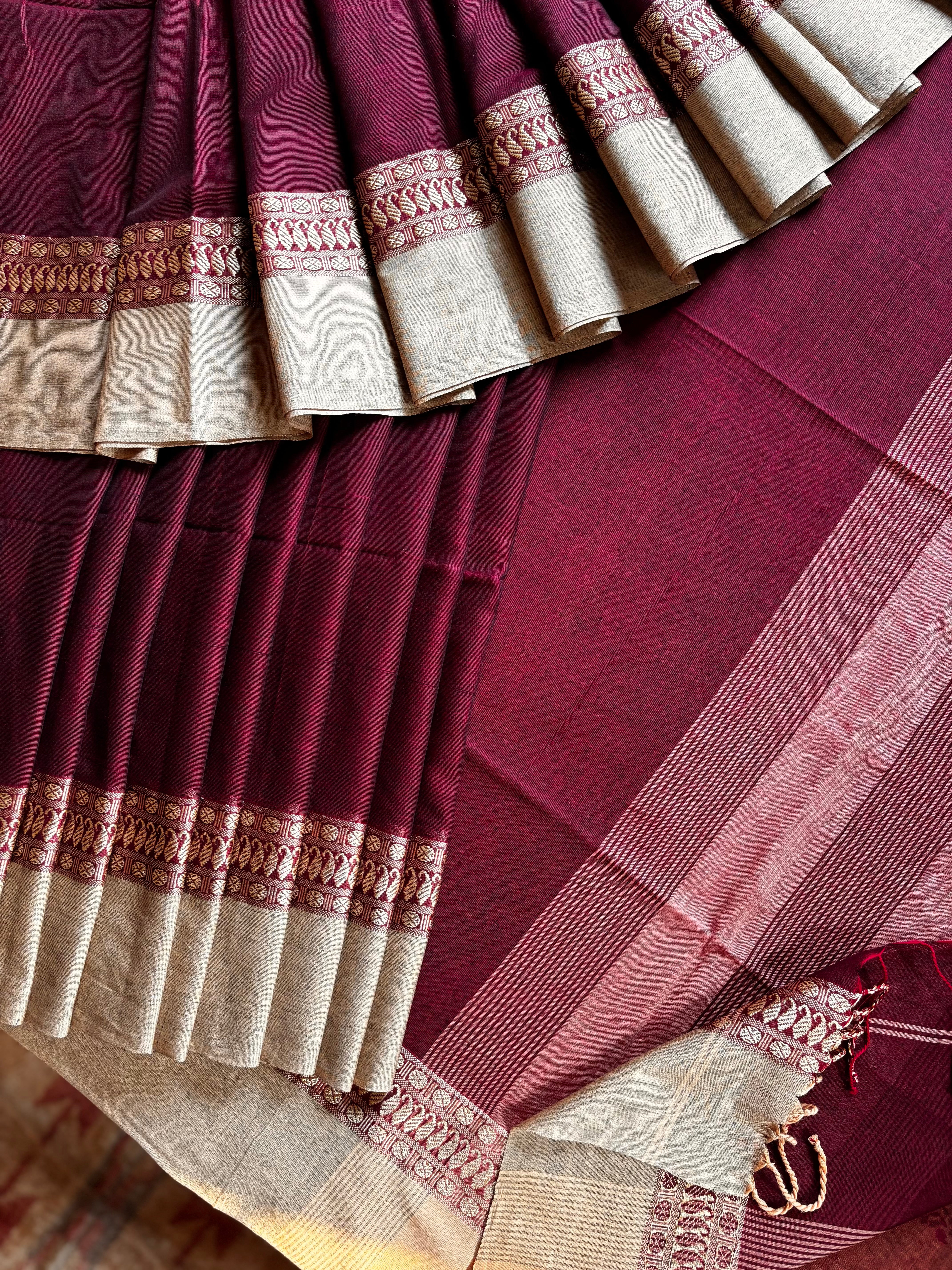Handwoven Dark Maroon Beige Phulia Cotton Saree