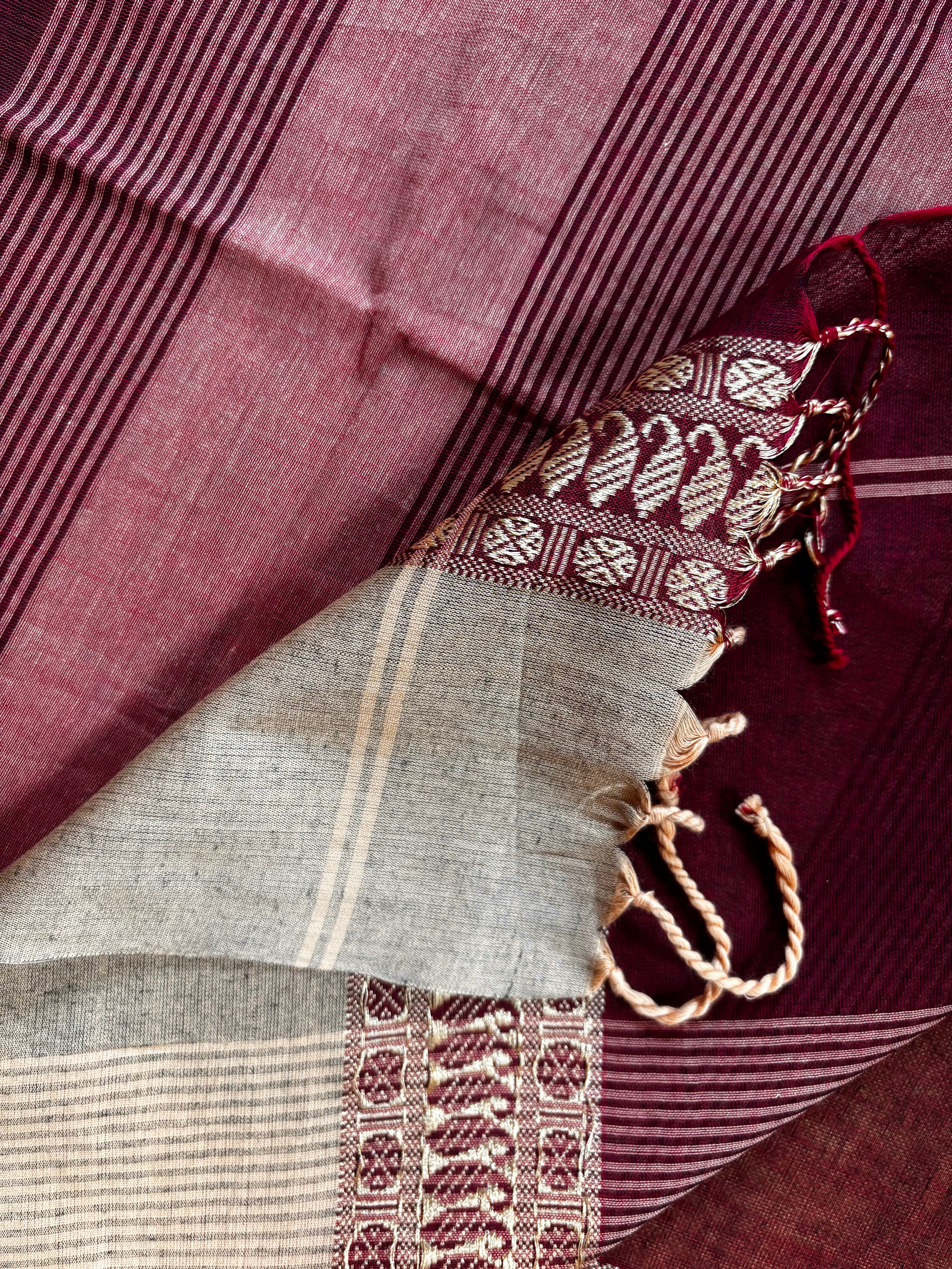 Handwoven Dark Maroon Beige Phulia Cotton Saree