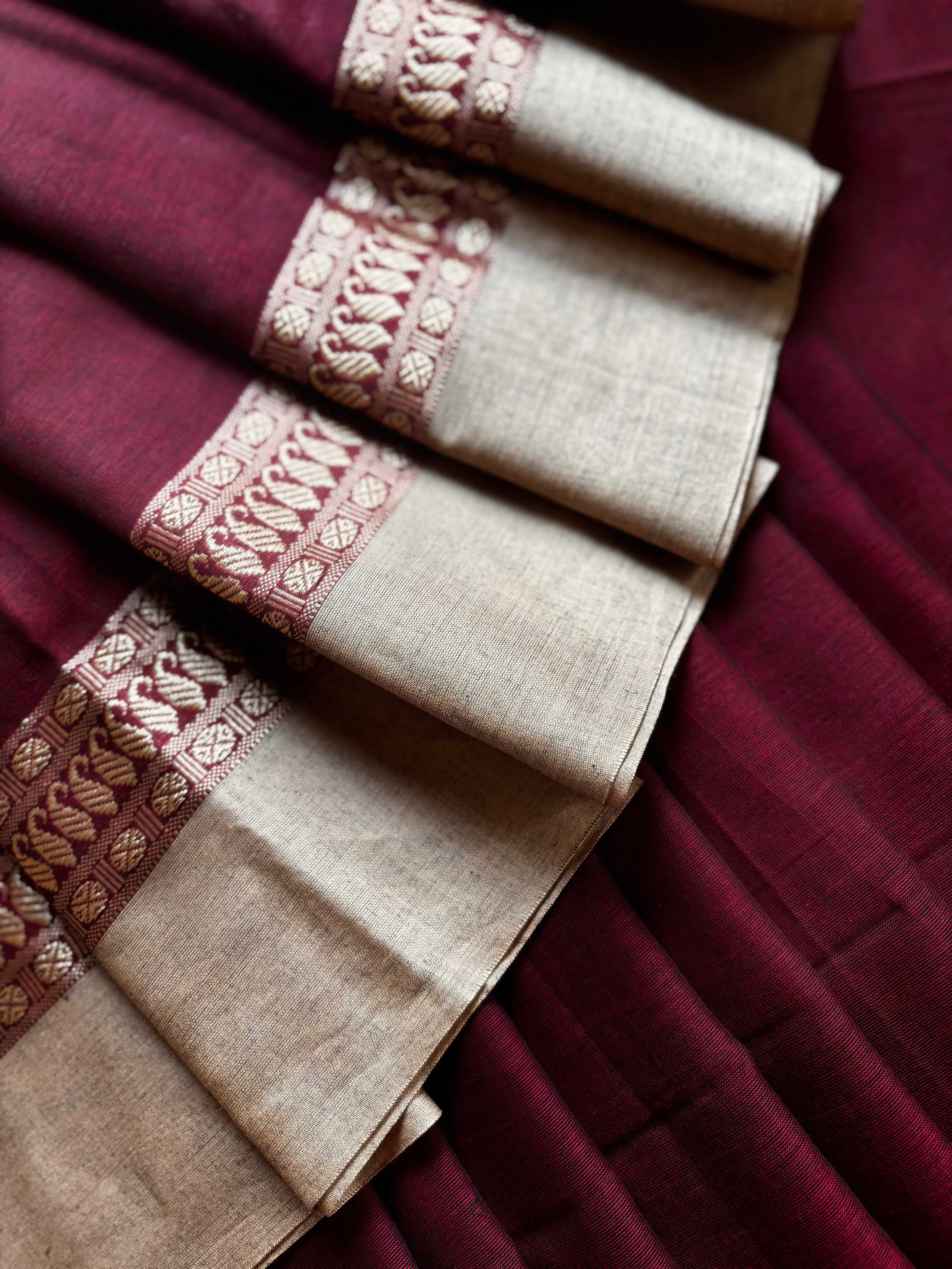 Handwoven Dark Maroon Beige Phulia Cotton Saree