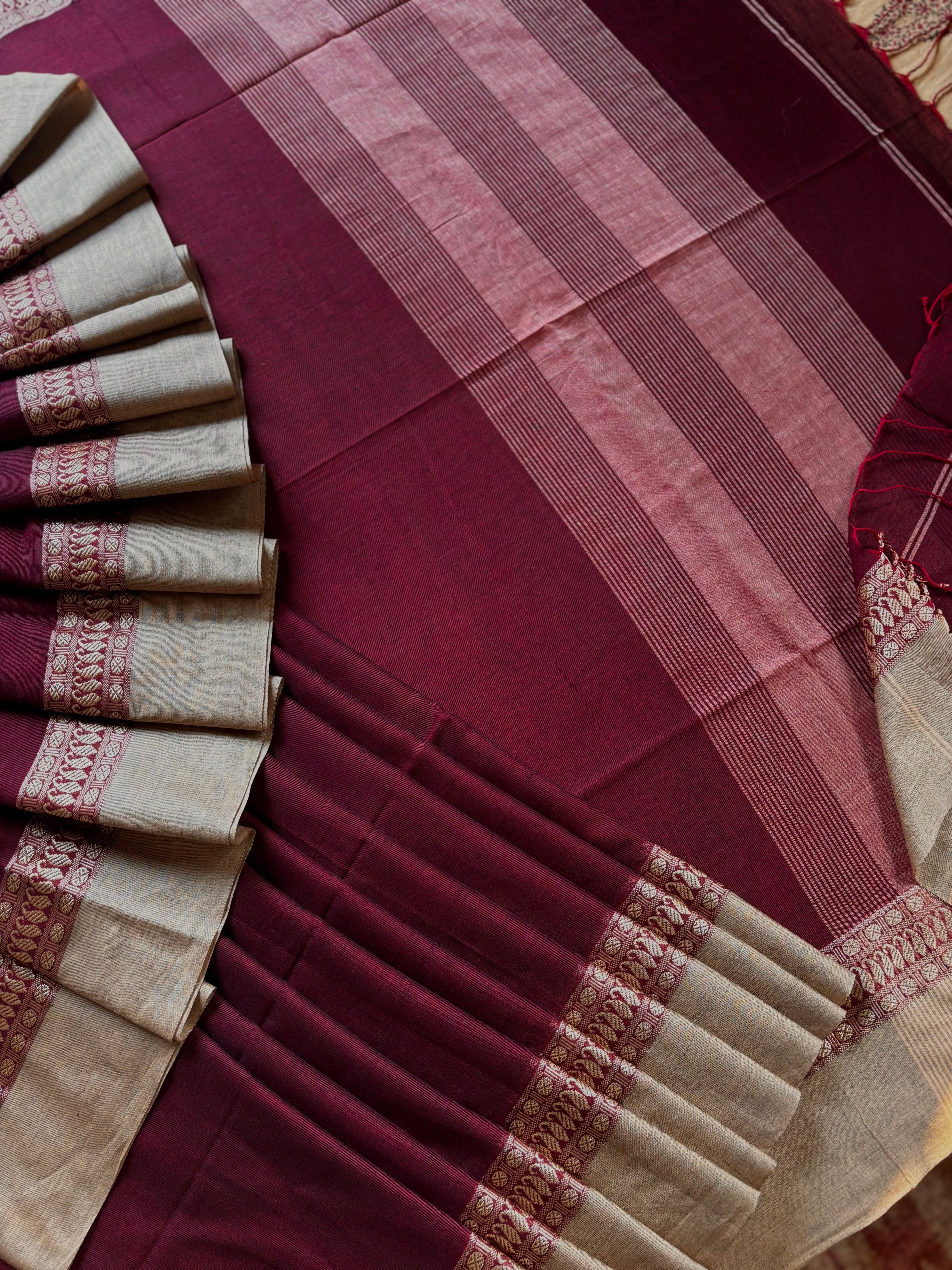 Handwoven Dark Maroon Beige Phulia Cotton Saree