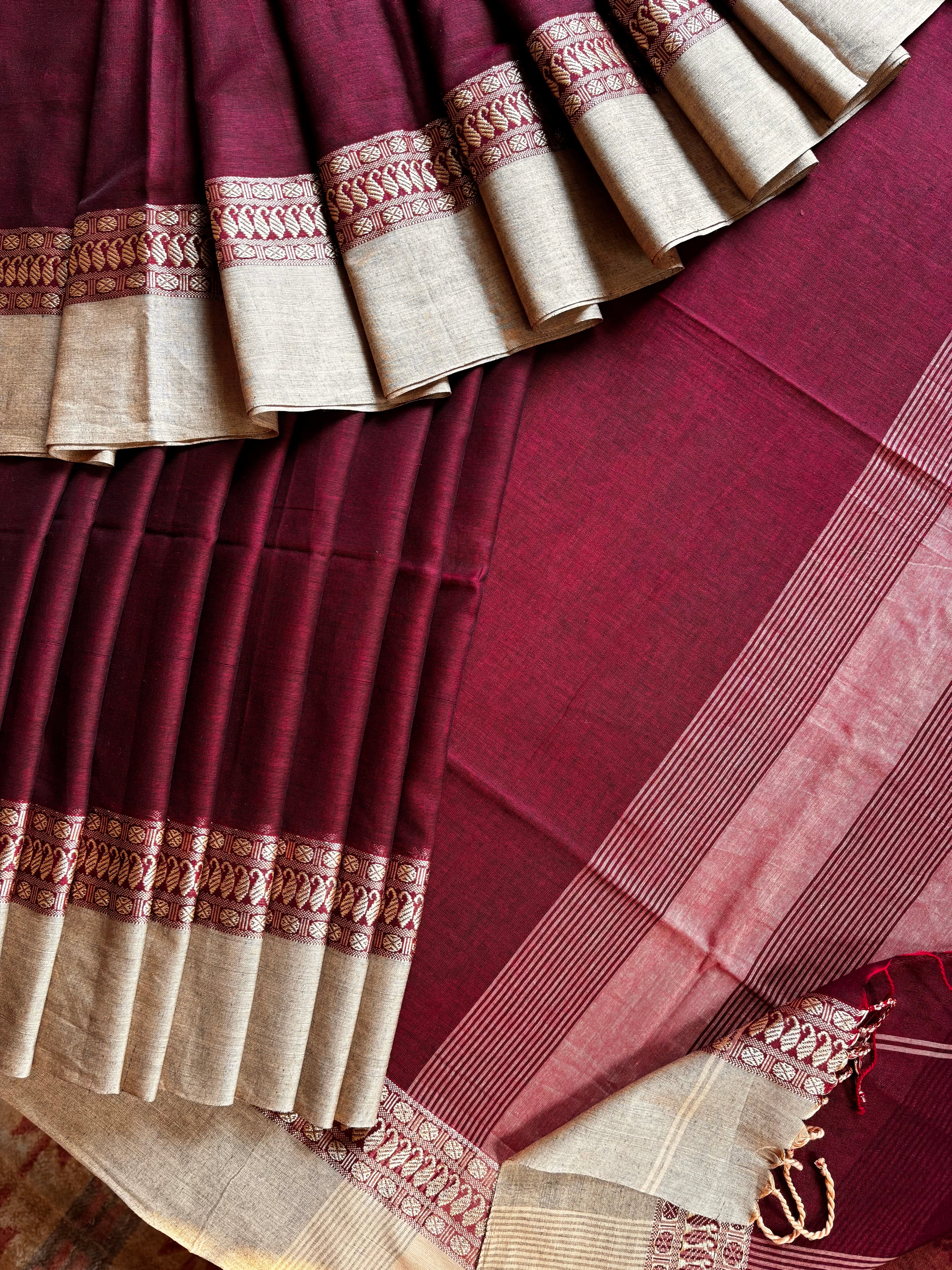 Handwoven Dark Maroon Beige Phulia Cotton Saree