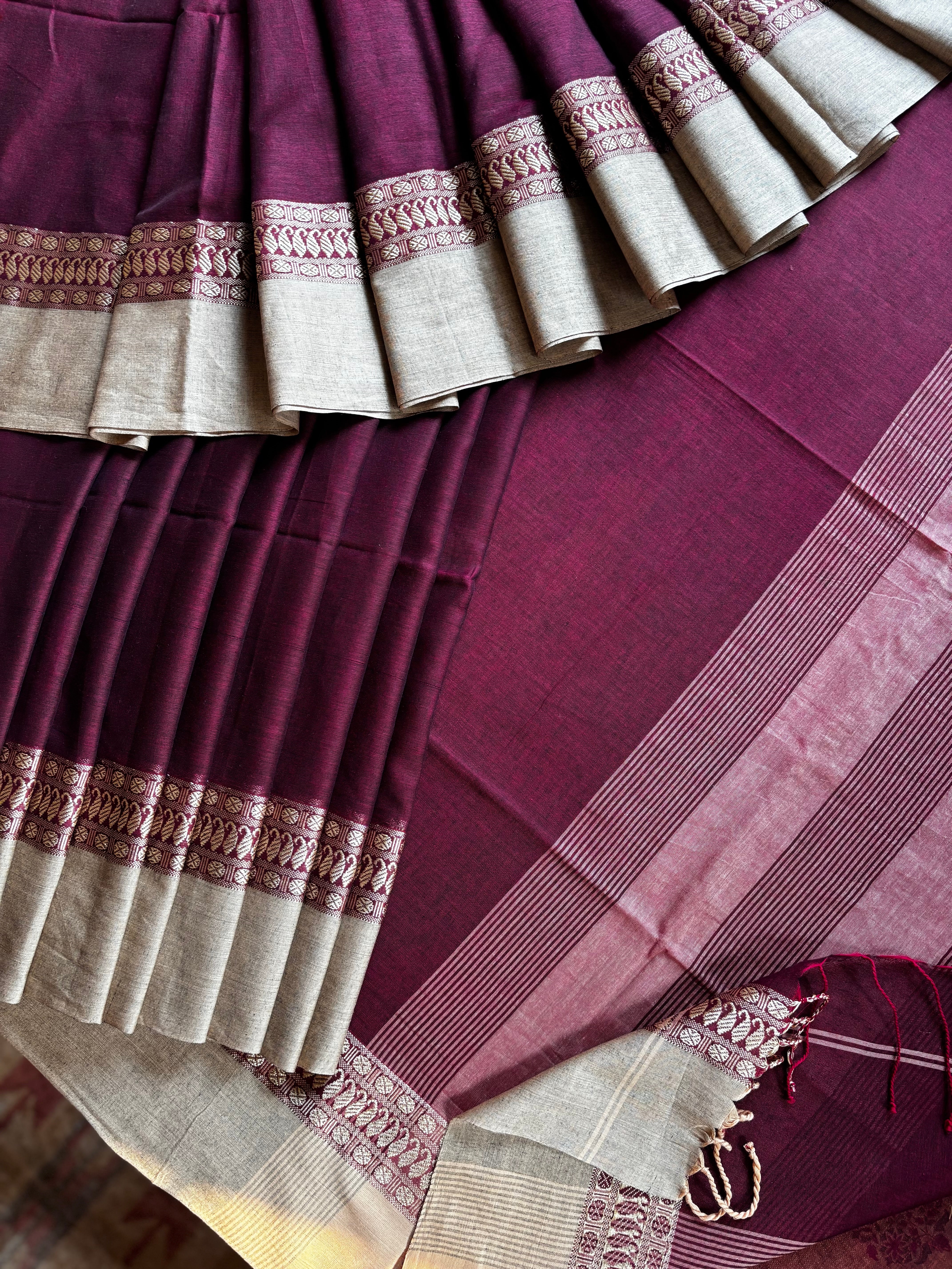 Handwoven Dark Maroon Beige Phulia Cotton Saree