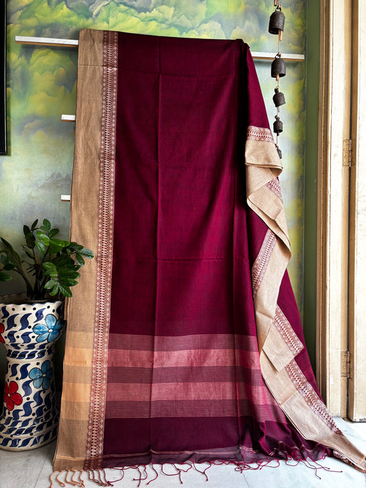 Handwoven Dark Maroon Beige Phulia Cotton Saree
