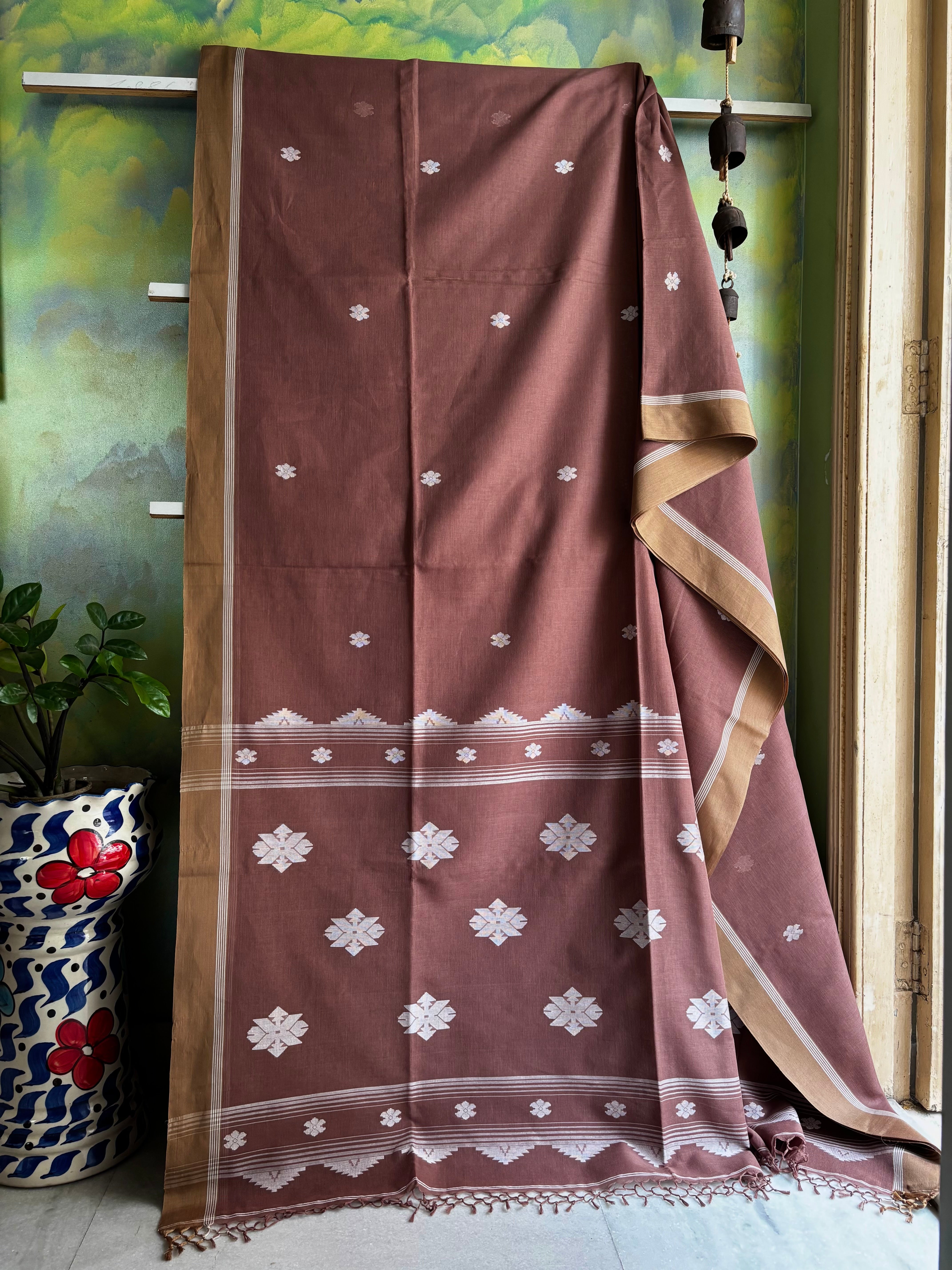 Handwoven Light Brown Colour Cotton Jamdani Saree