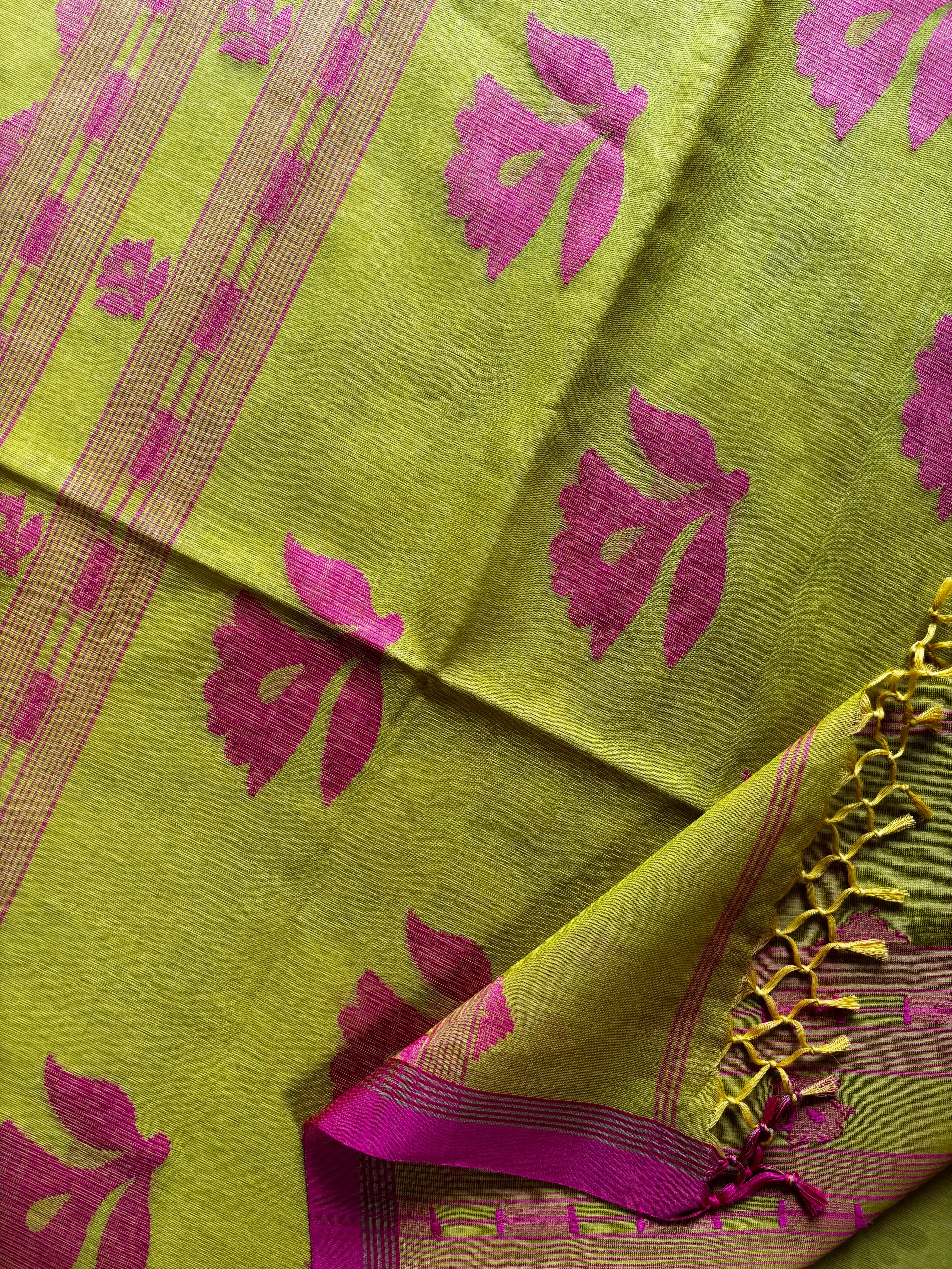 Handwoven Lime Yellow Colour Cotton Jamdani Saree