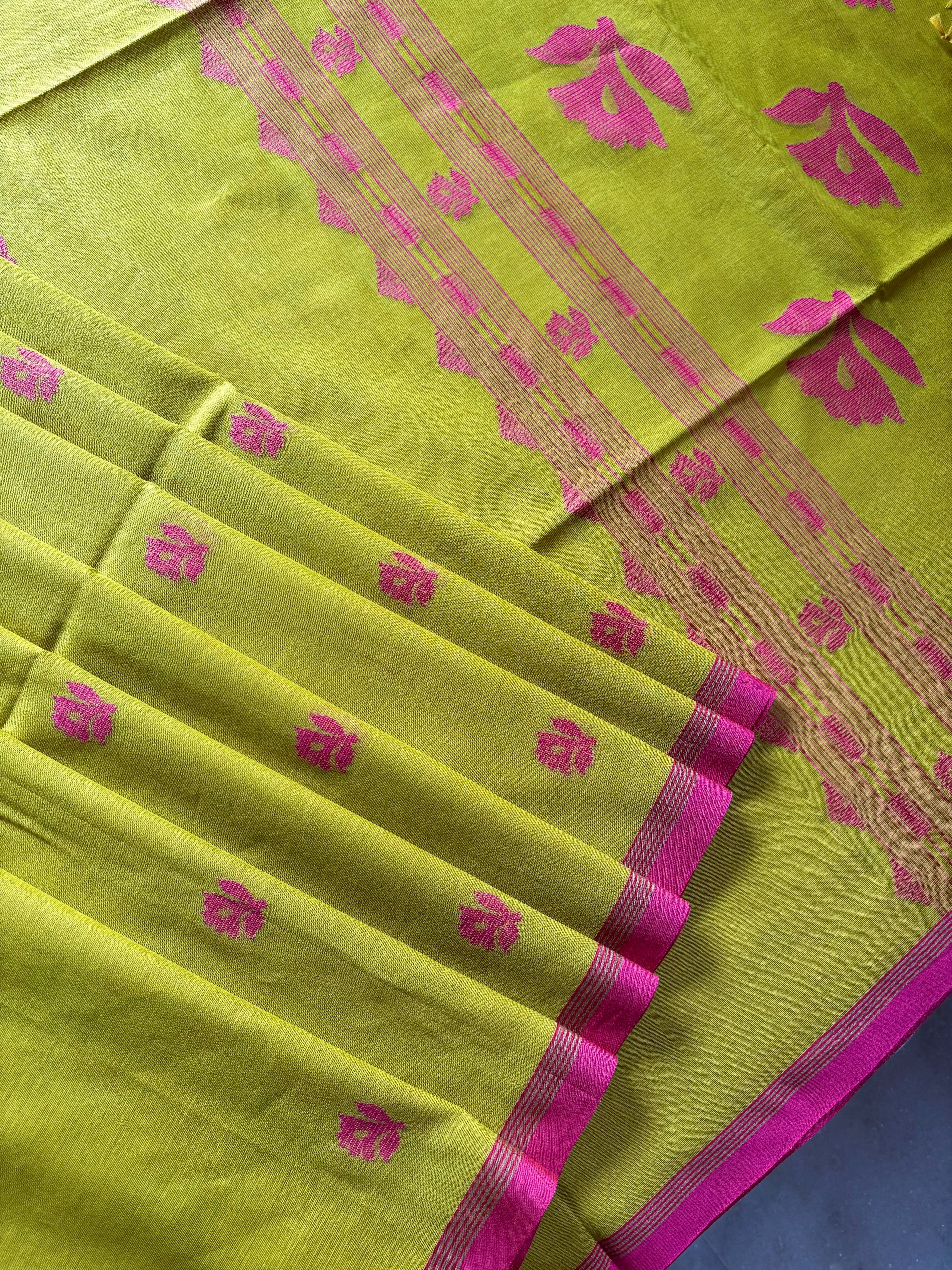 Handwoven Lime Yellow Colour Cotton Jamdani Saree