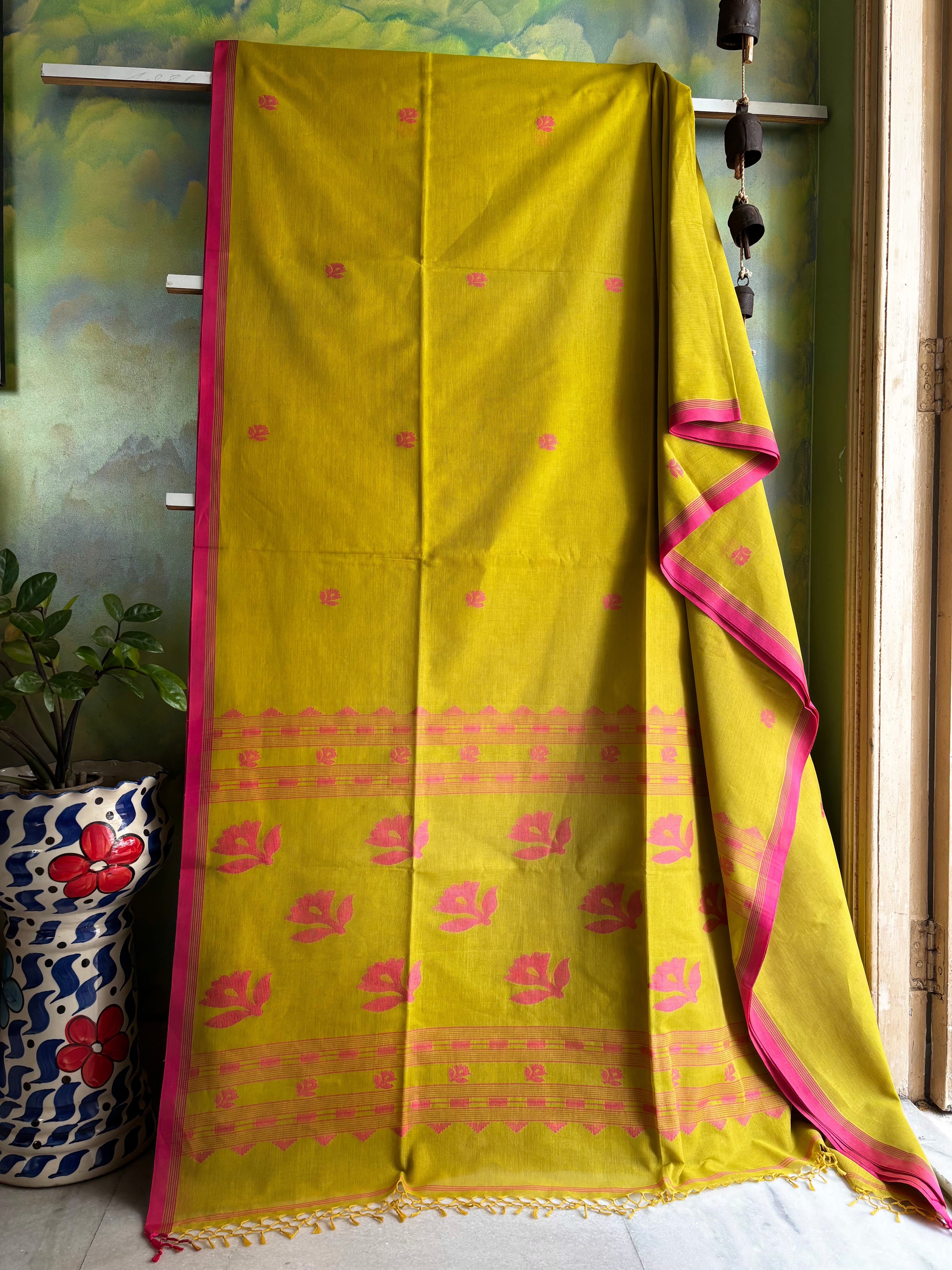 Handwoven Lime Yellow Colour Cotton Jamdani Saree