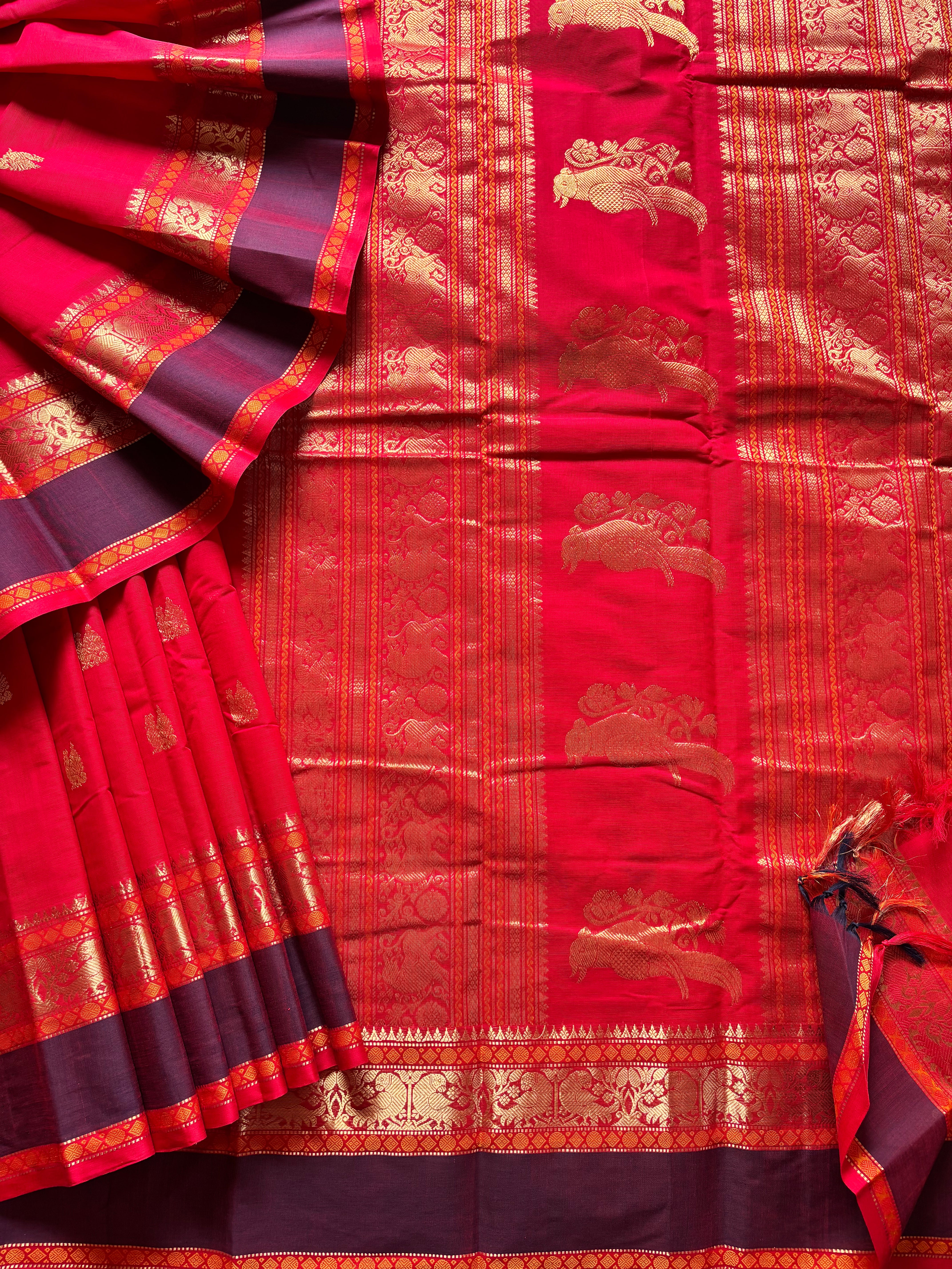 Handwoven Rich Red Colour Kanchipuram Cotton Saree