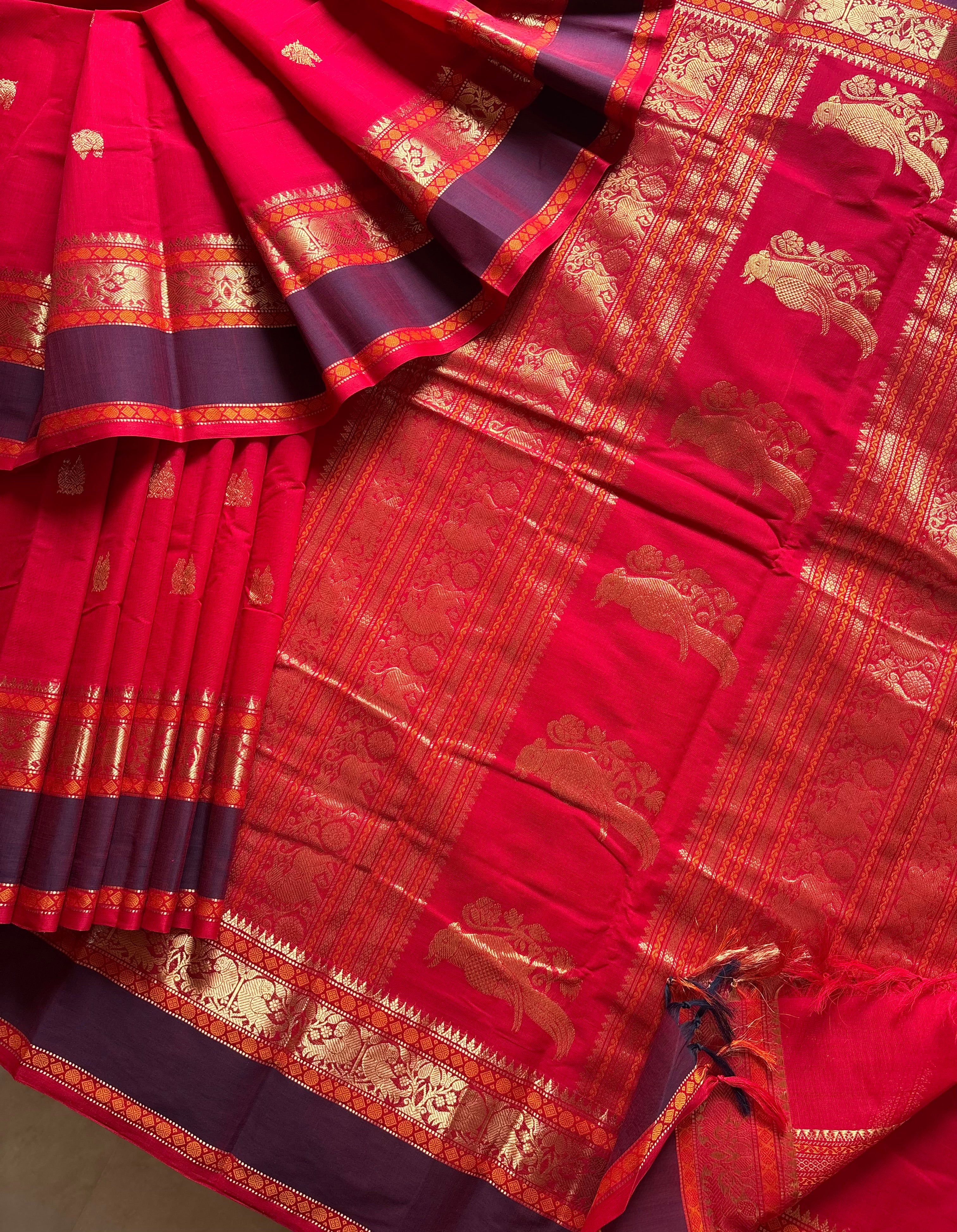 Handwoven Rich Red Colour Kanchipuram Cotton Saree