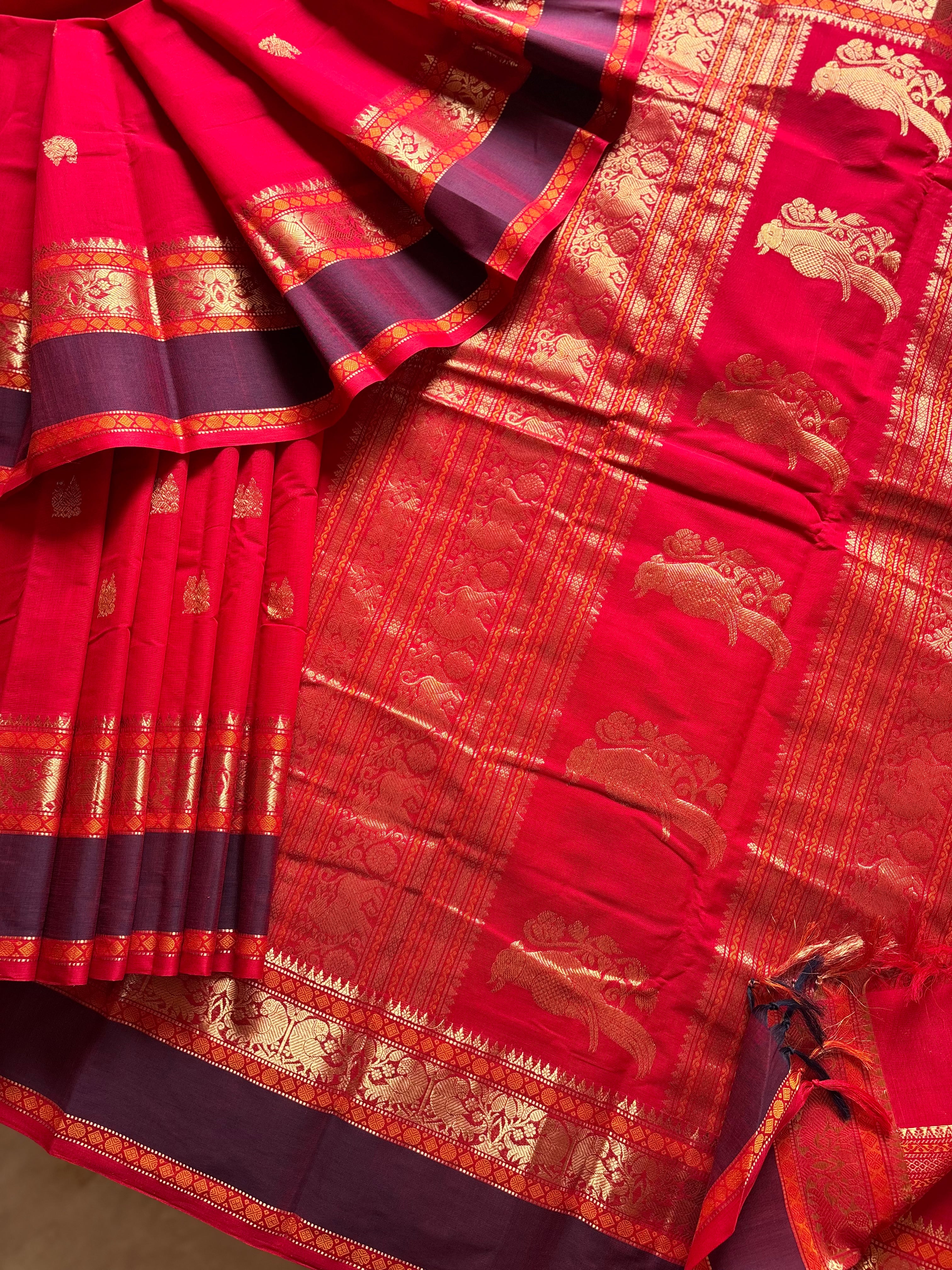 Handwoven Rich Red Colour Kanchipuram Cotton Saree