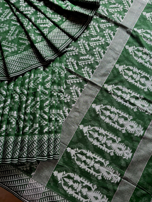 Pure Cotton Green Colour Cut Work Jamdani Saree
