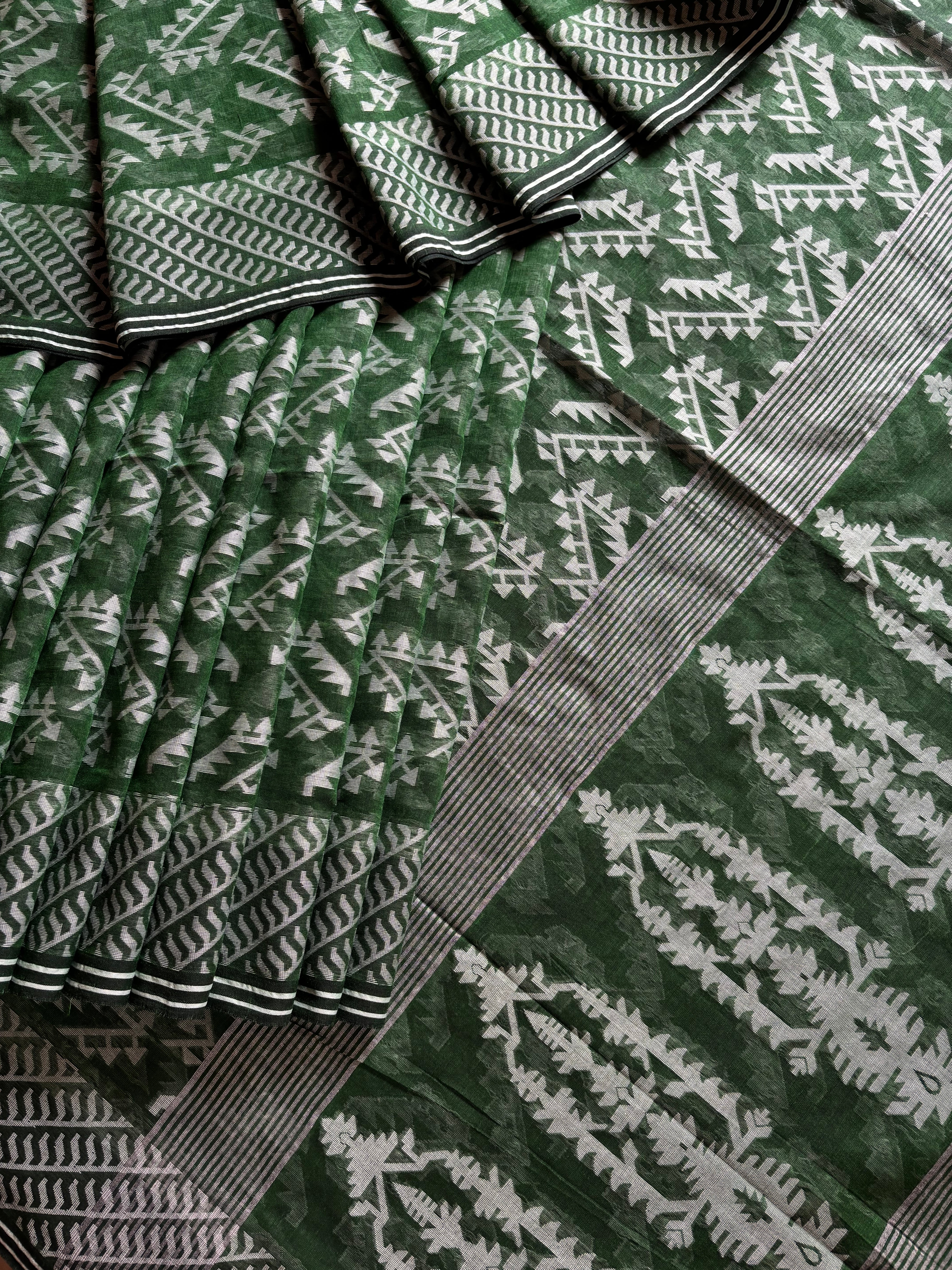 Pure Cotton Green Colour Cut Work Jamdani Saree