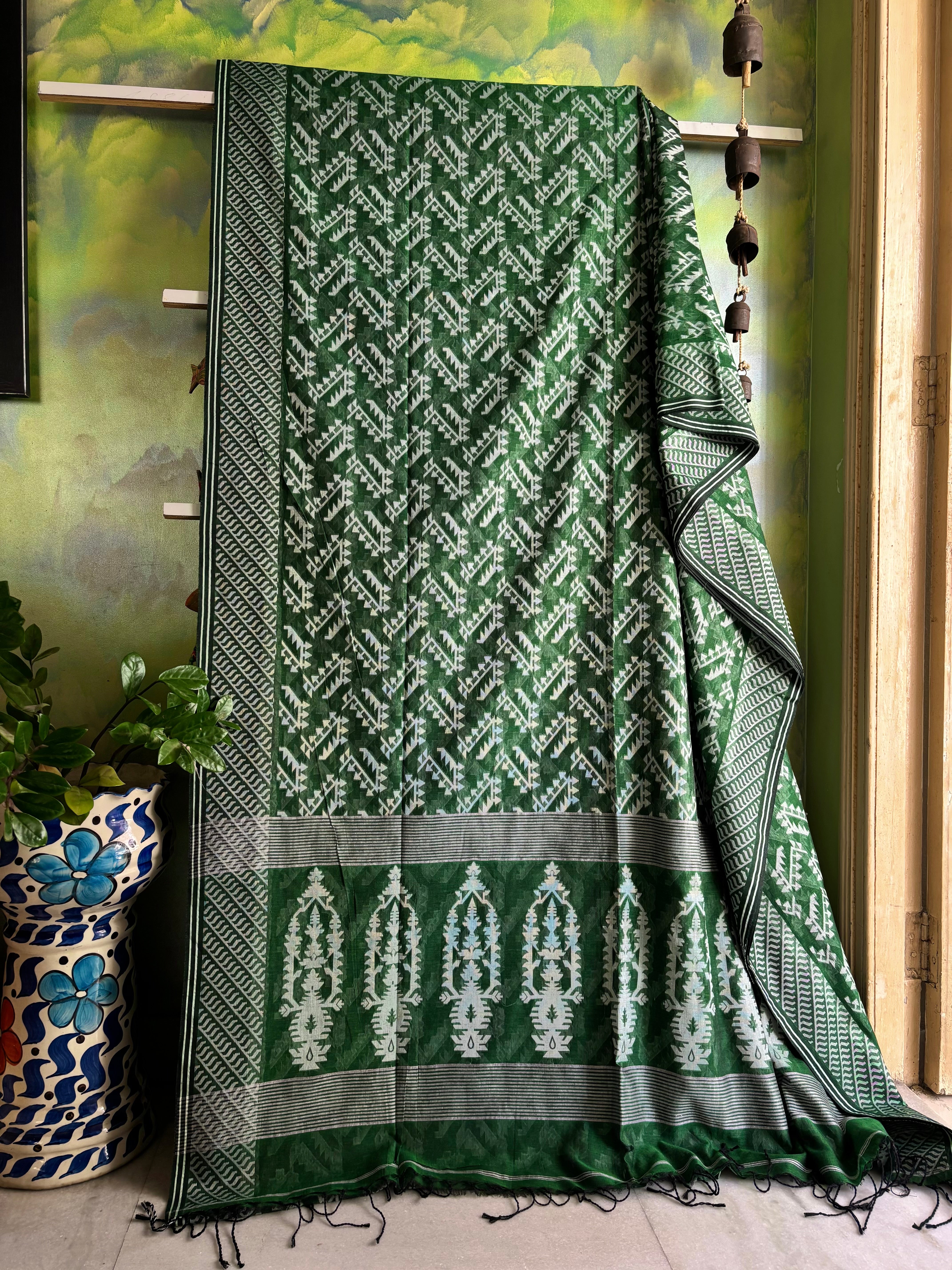 Pure Cotton Green Colour Cut Work Jamdani Saree