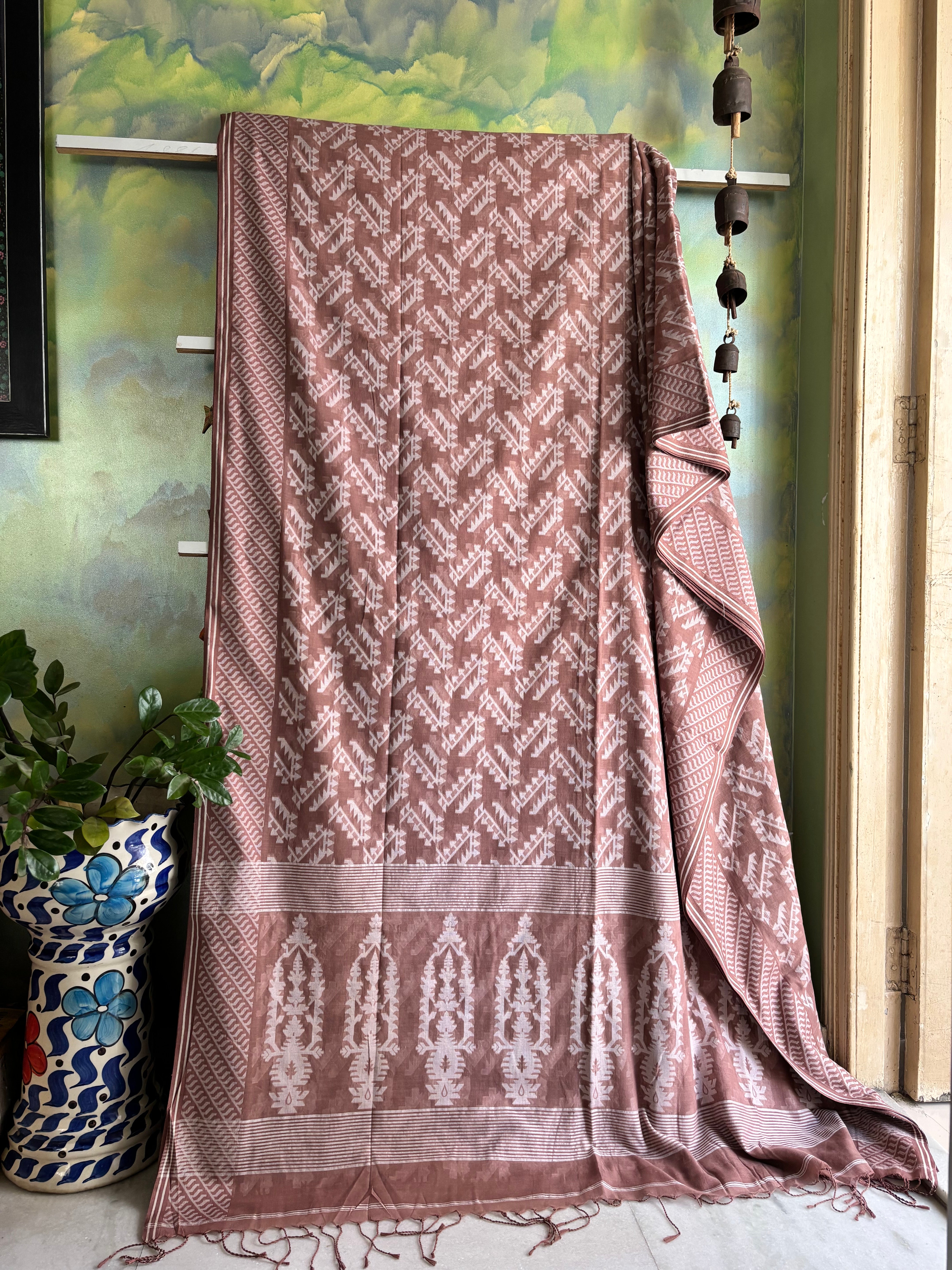 Pure Cotton Light Brown Colour Cut Work Jamdani Saree