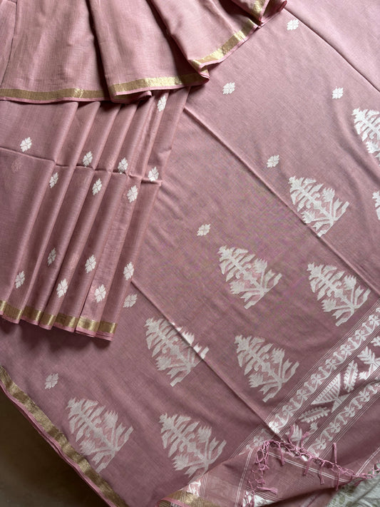 Hanwoven Dusty Pin Colour Cotton Jamdani Saree