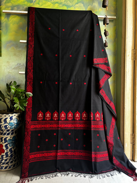 Handwoven Black Red Phulia Cotton Saree