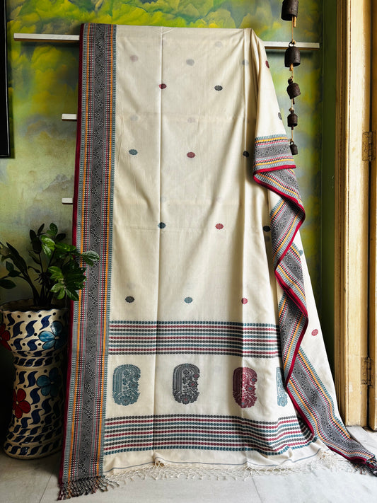 Handwoven Cream White Phulia Cotton Saree