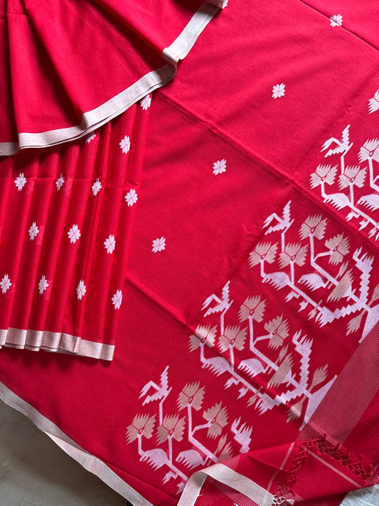 Handwoven Pure Cotton Red Jamdani Saree