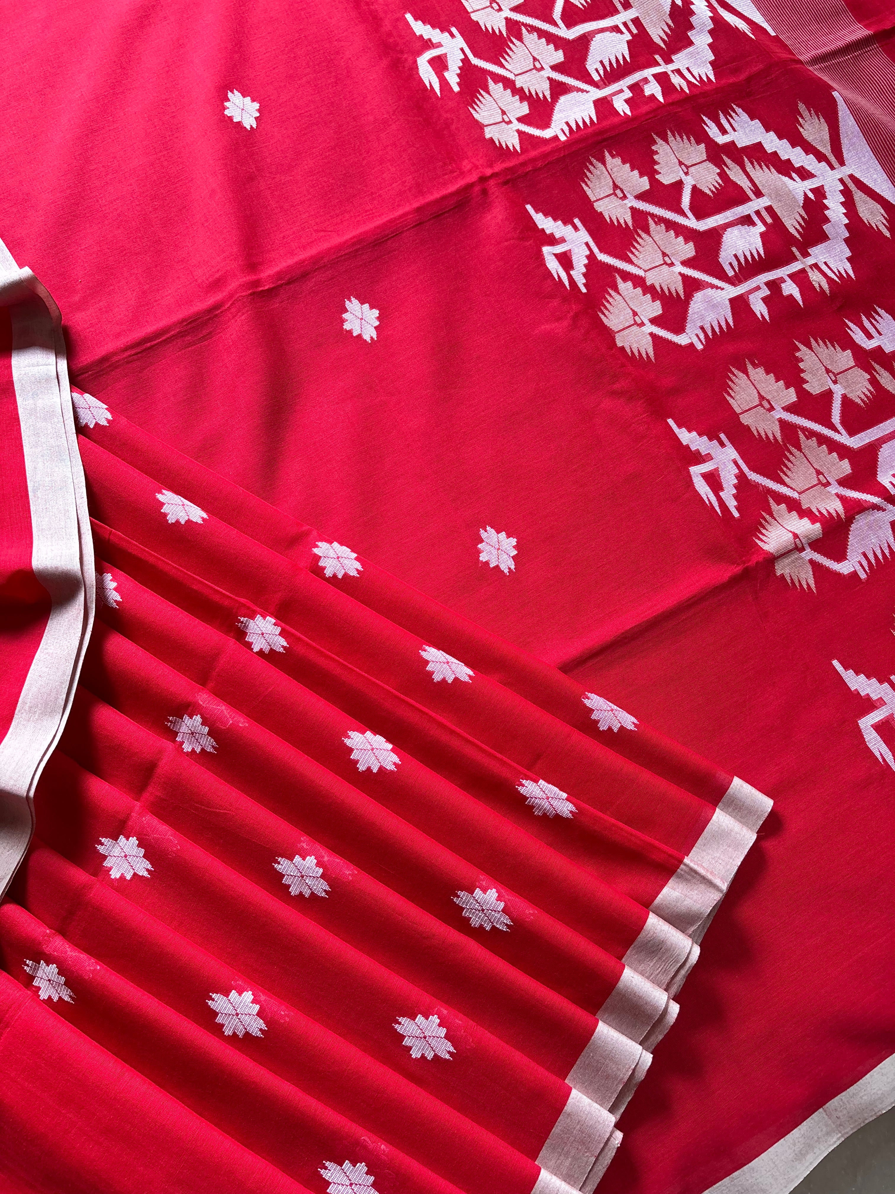 Handwoven Pure Cotton Red Jamdani Saree
