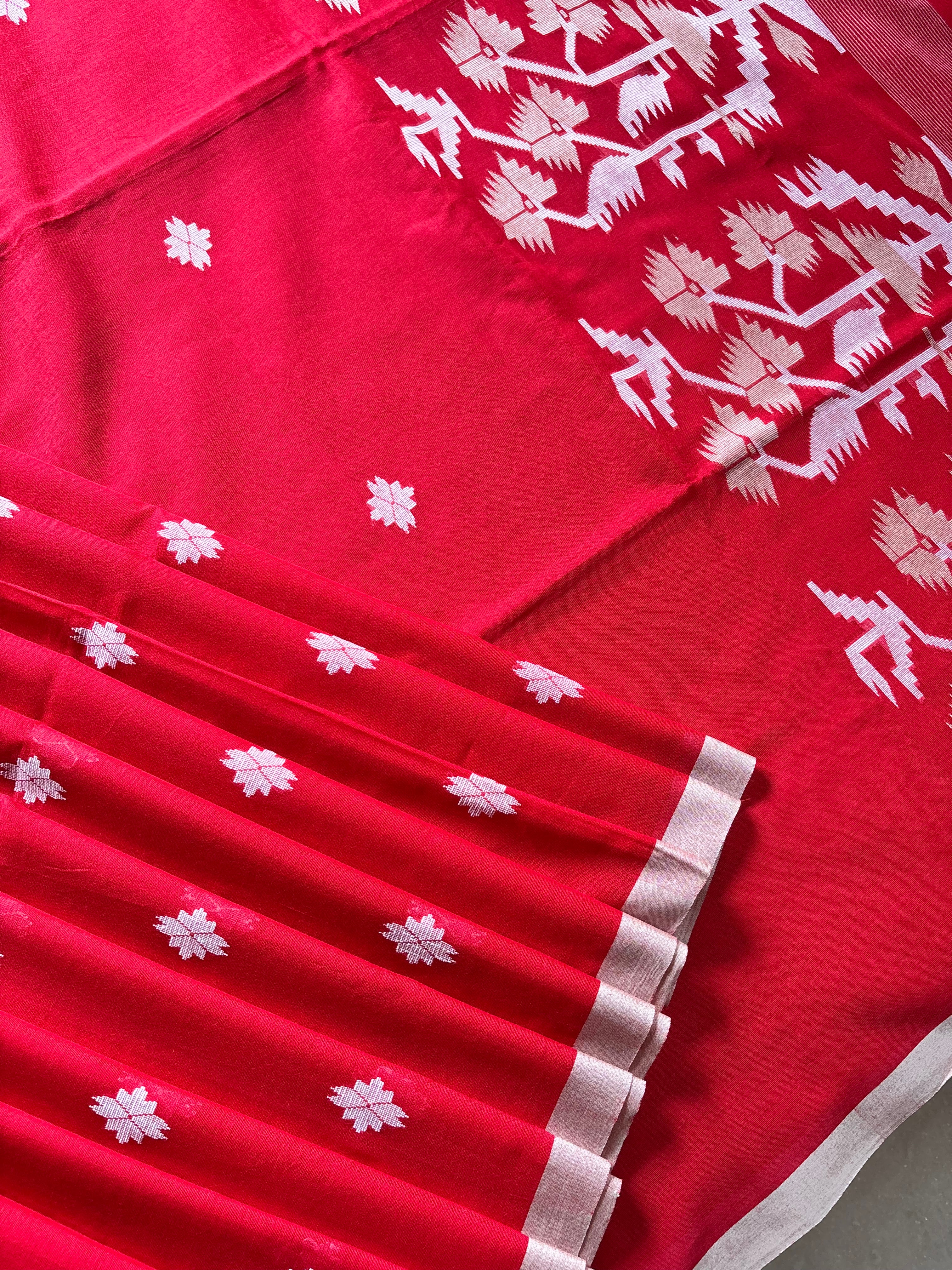 Handwoven Pure Cotton Red Jamdani Saree