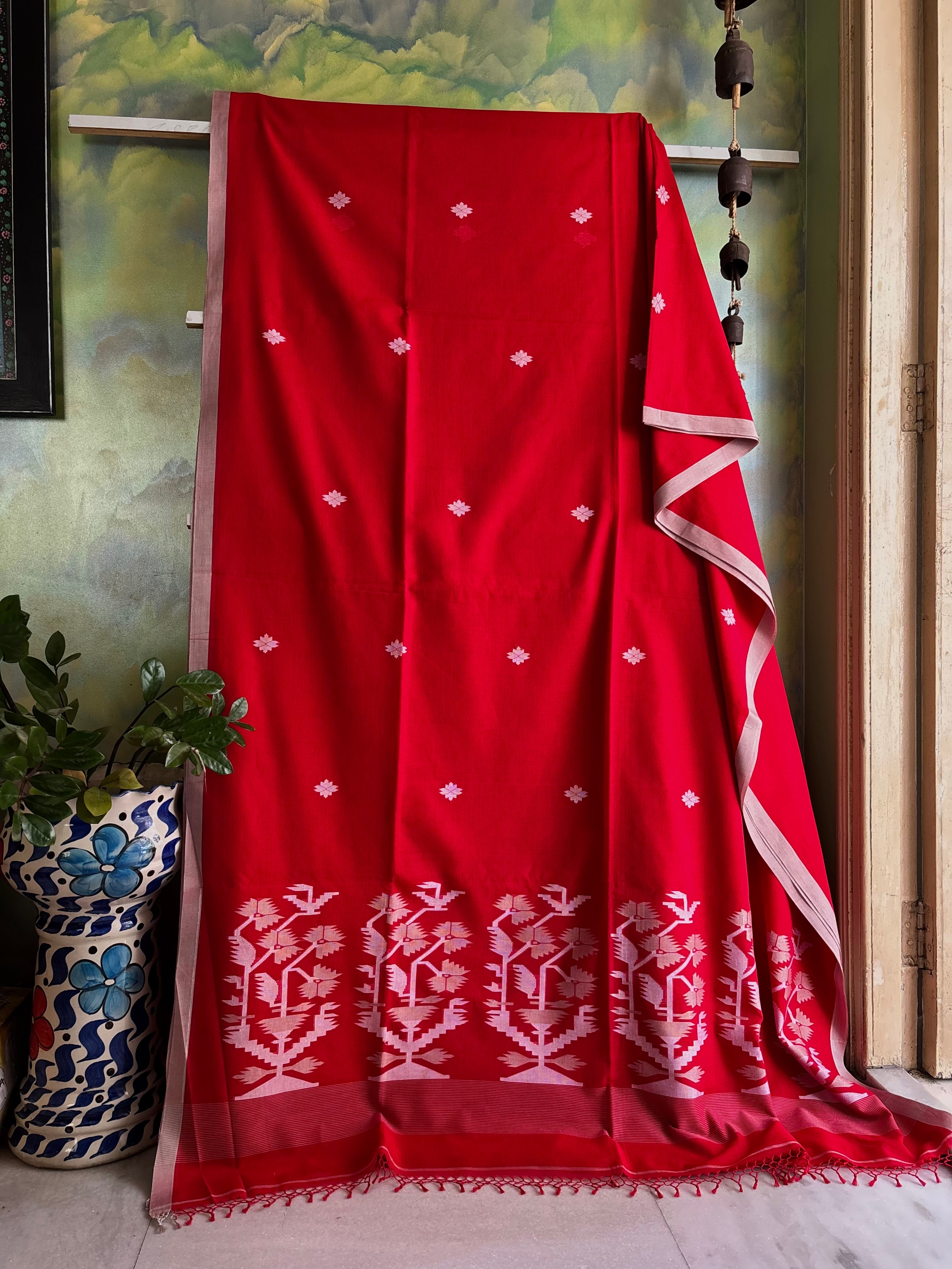 Handwoven Pure Cotton Red Jamdani Saree