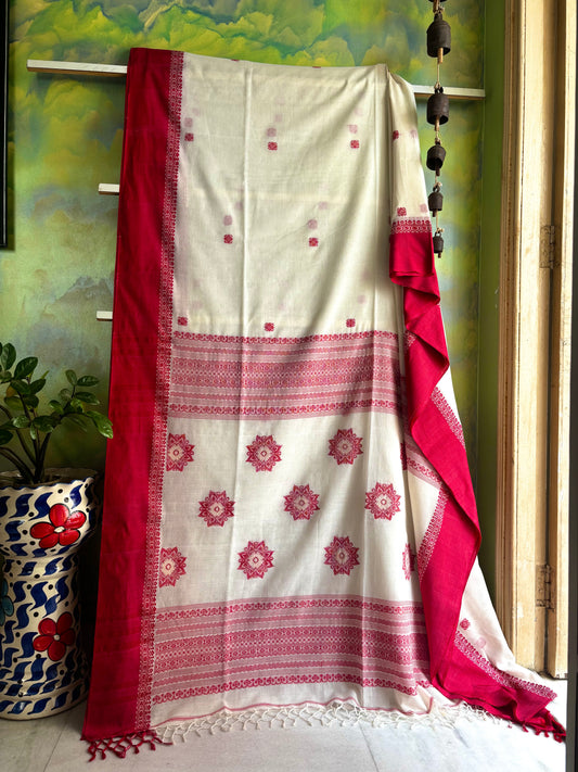 Handwoven Ivory Red Colour Cotton Jamdani Saree