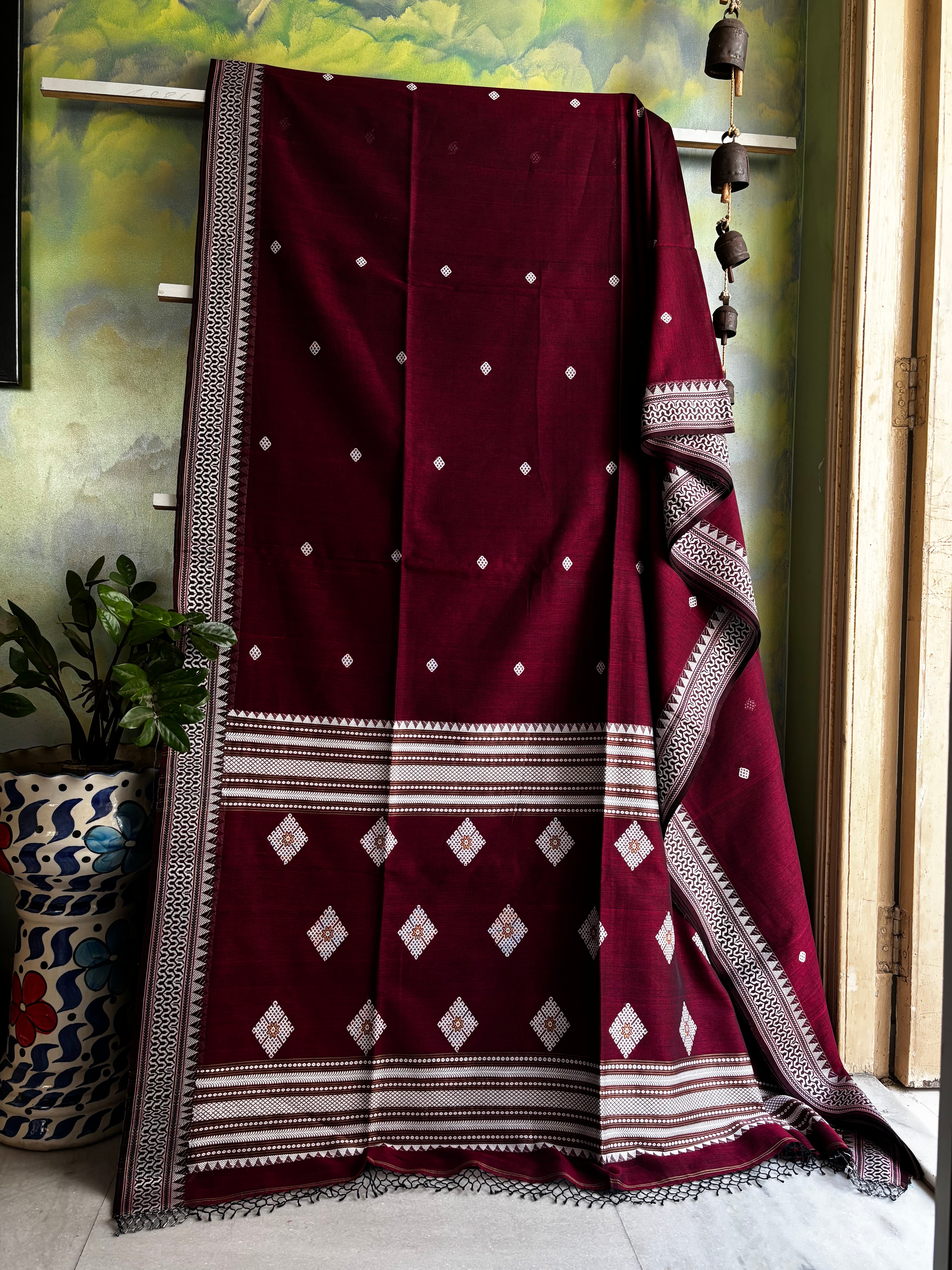 Handwoven Maroonish Wine Colour Phulia Cotton Saree