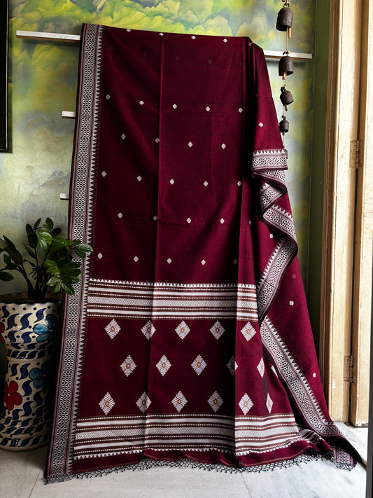 Handwoven Maroonish Wine Colour Phulia Cotton Saree