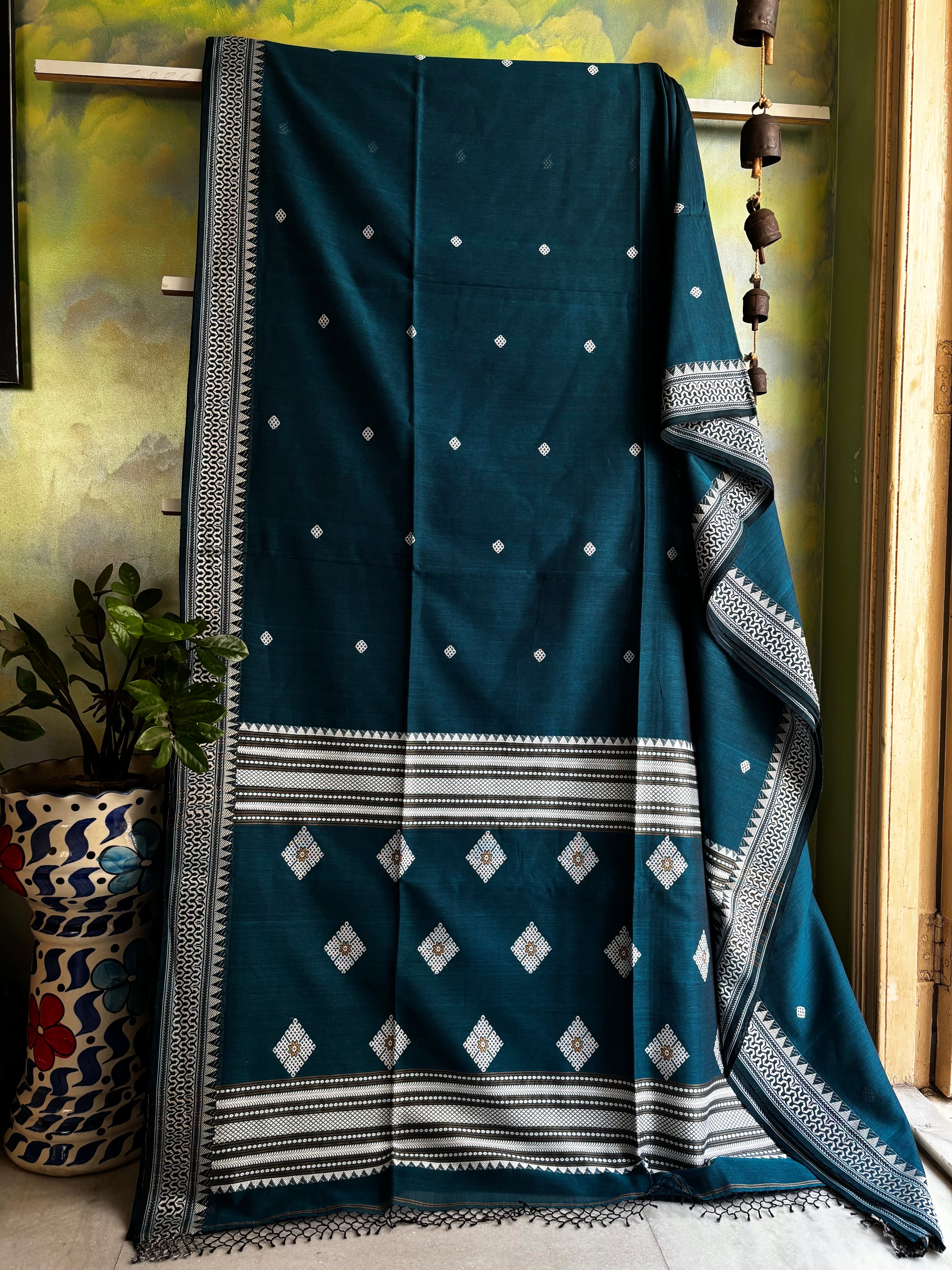 Handwoven Teal Blue Phulia Cotton Saree