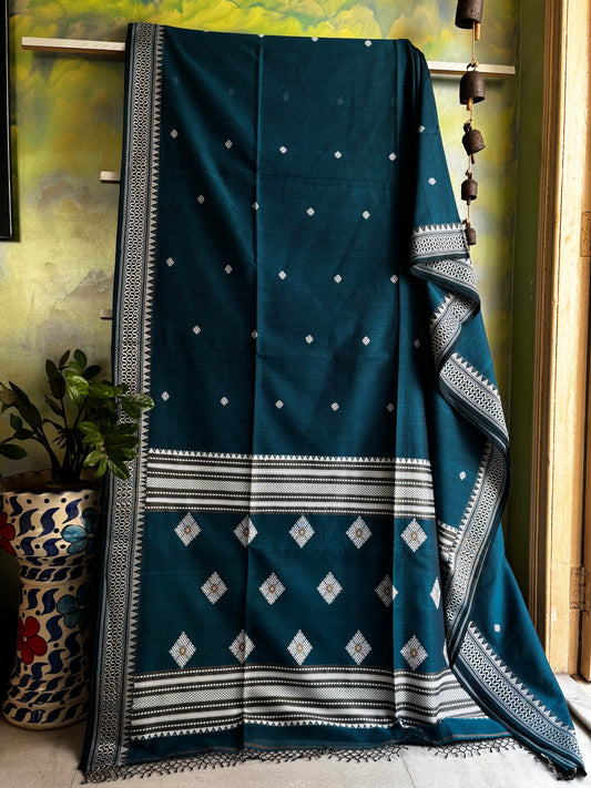 Handwoven Teal Blue Phulia Cotton Saree