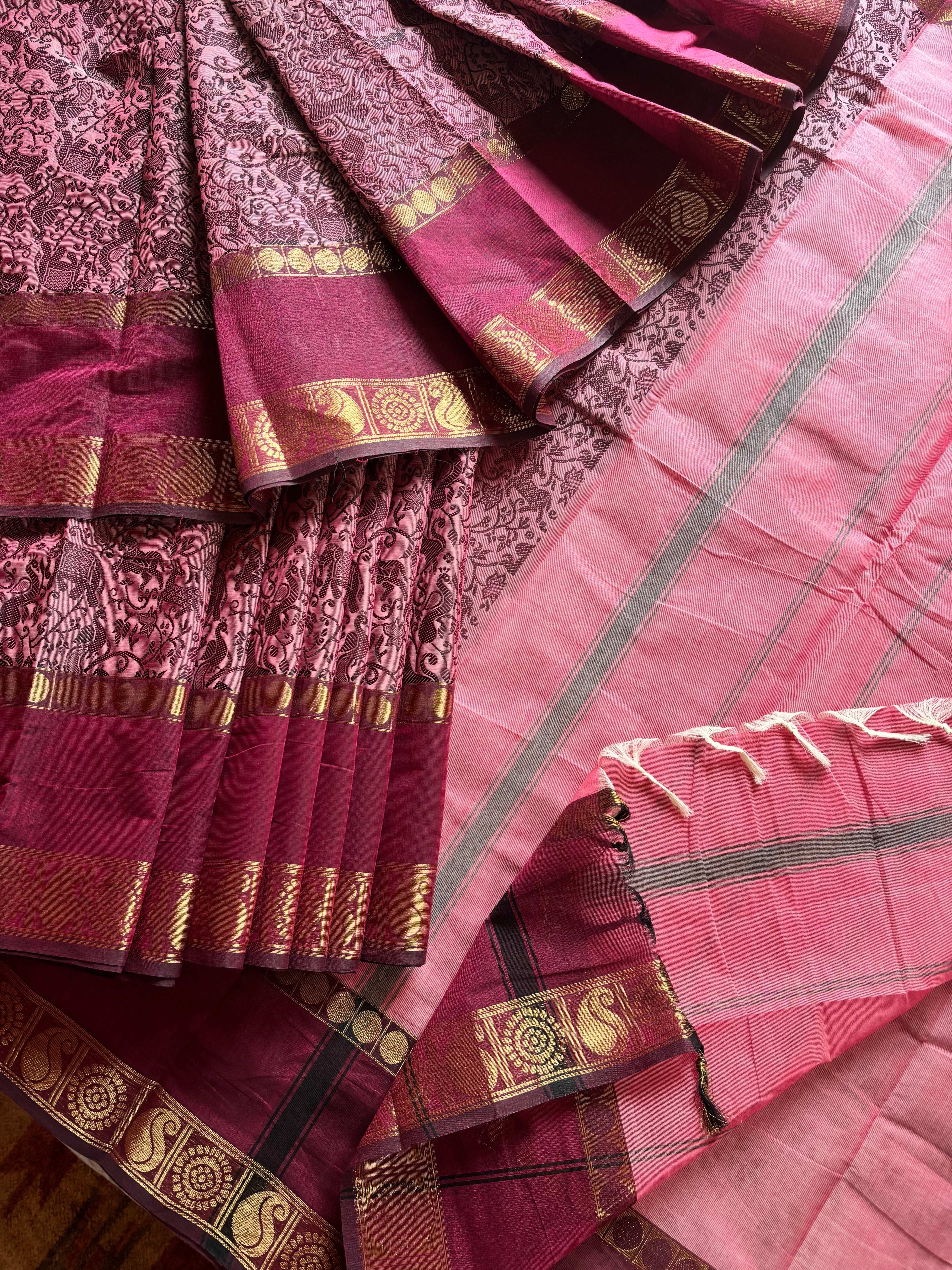 Pure Cotton Pink Vanasingaram Kanchipuram Saree