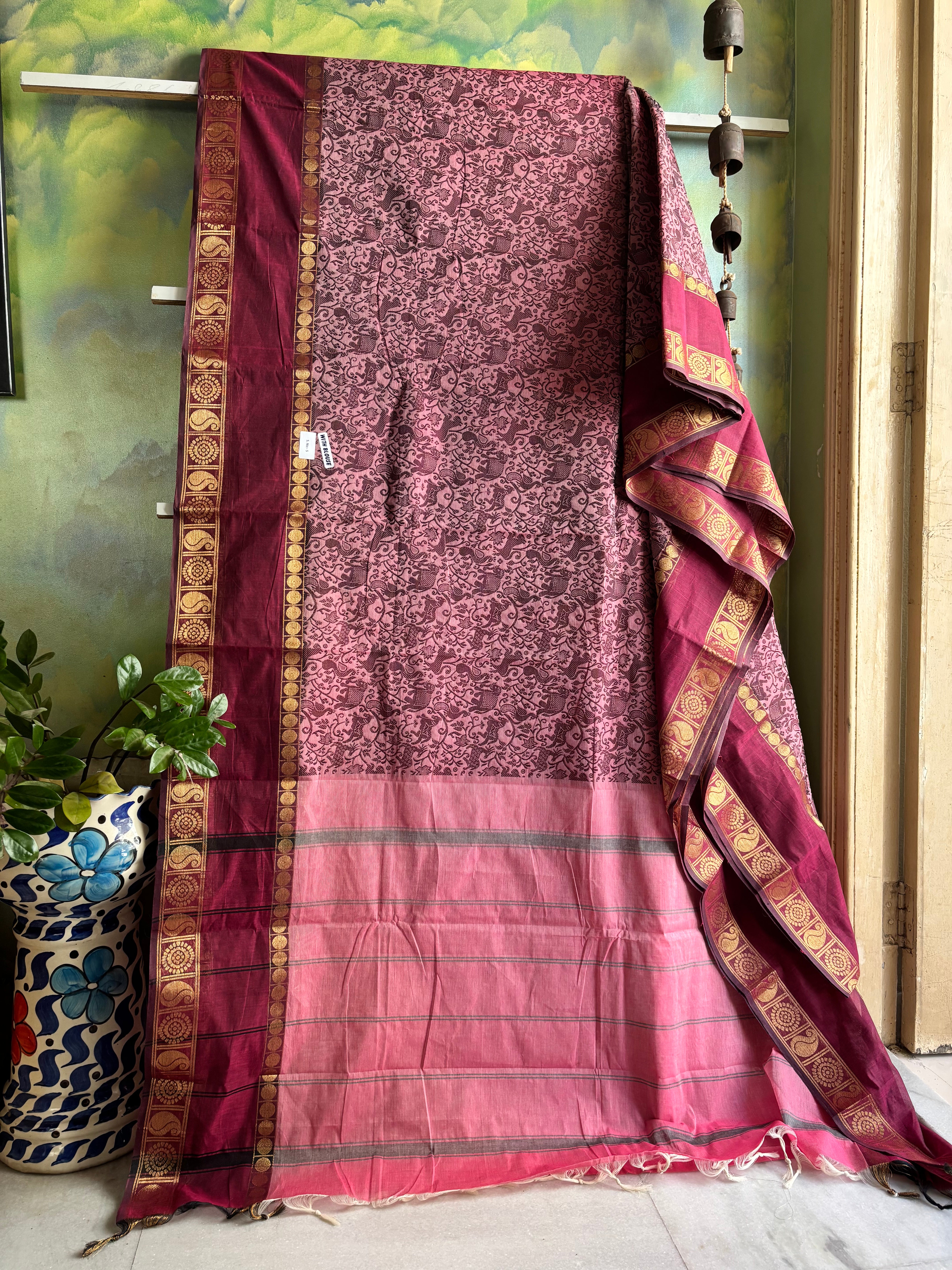 Pure Cotton Pink Vanasingaram Kanchipuram Saree